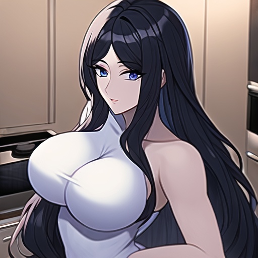 perfect boobs long hair front view nude woman kitchen