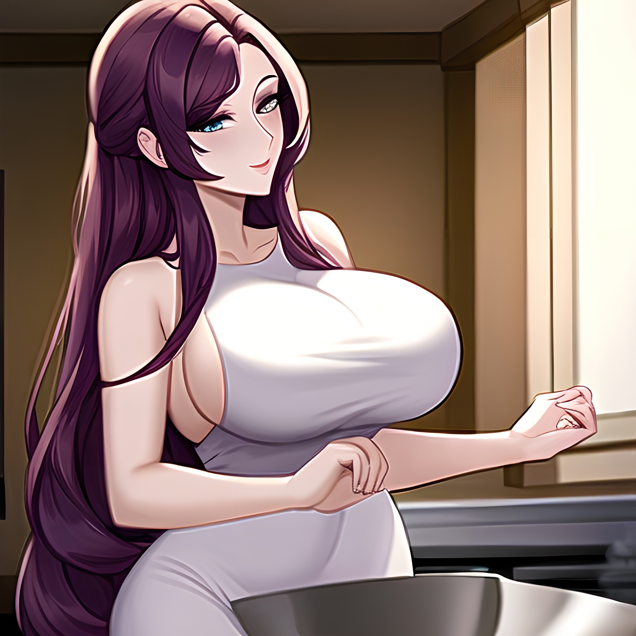 perfect boobs long hair front view woman kitchen nude