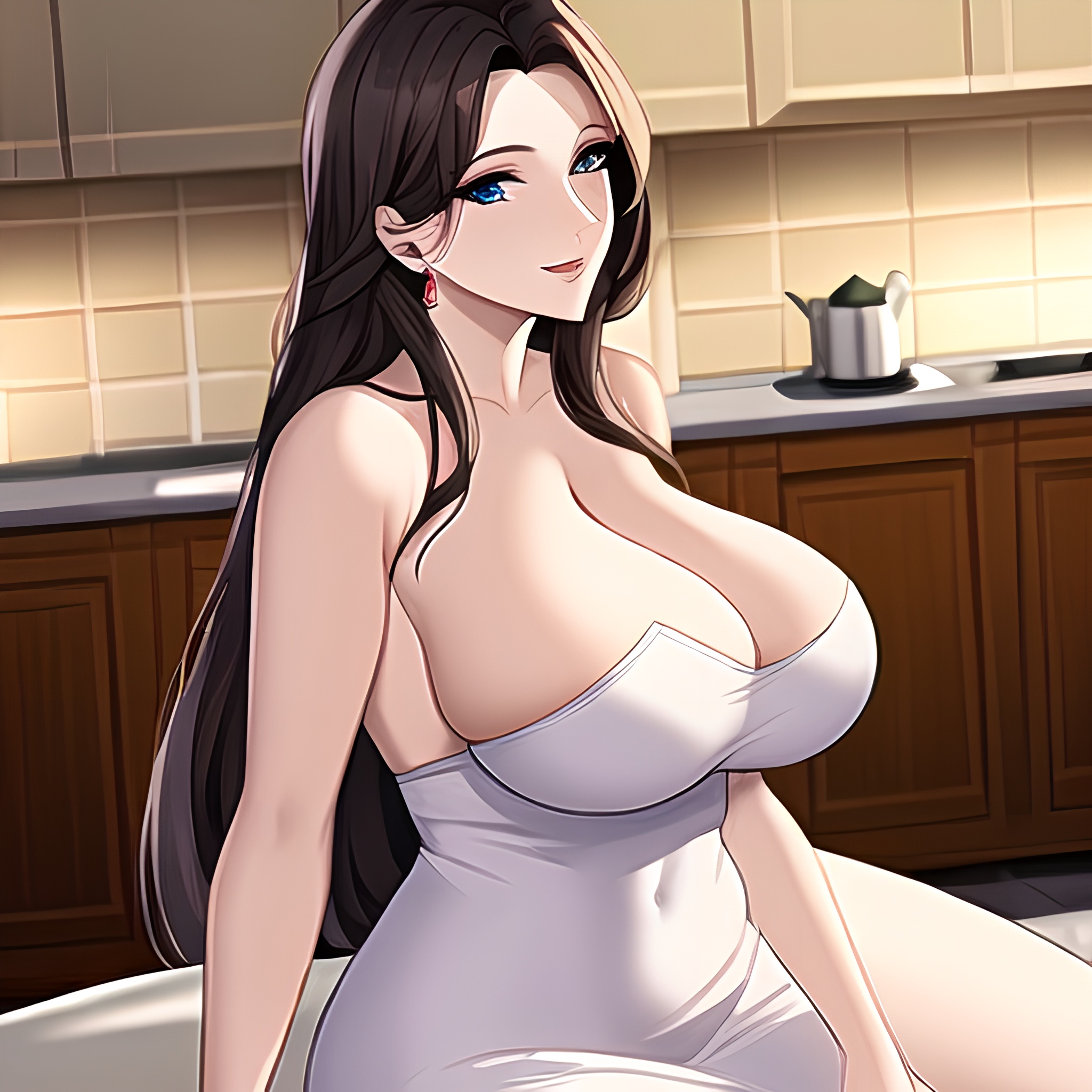 perfect boobs long hair kitchen front view nude woman 