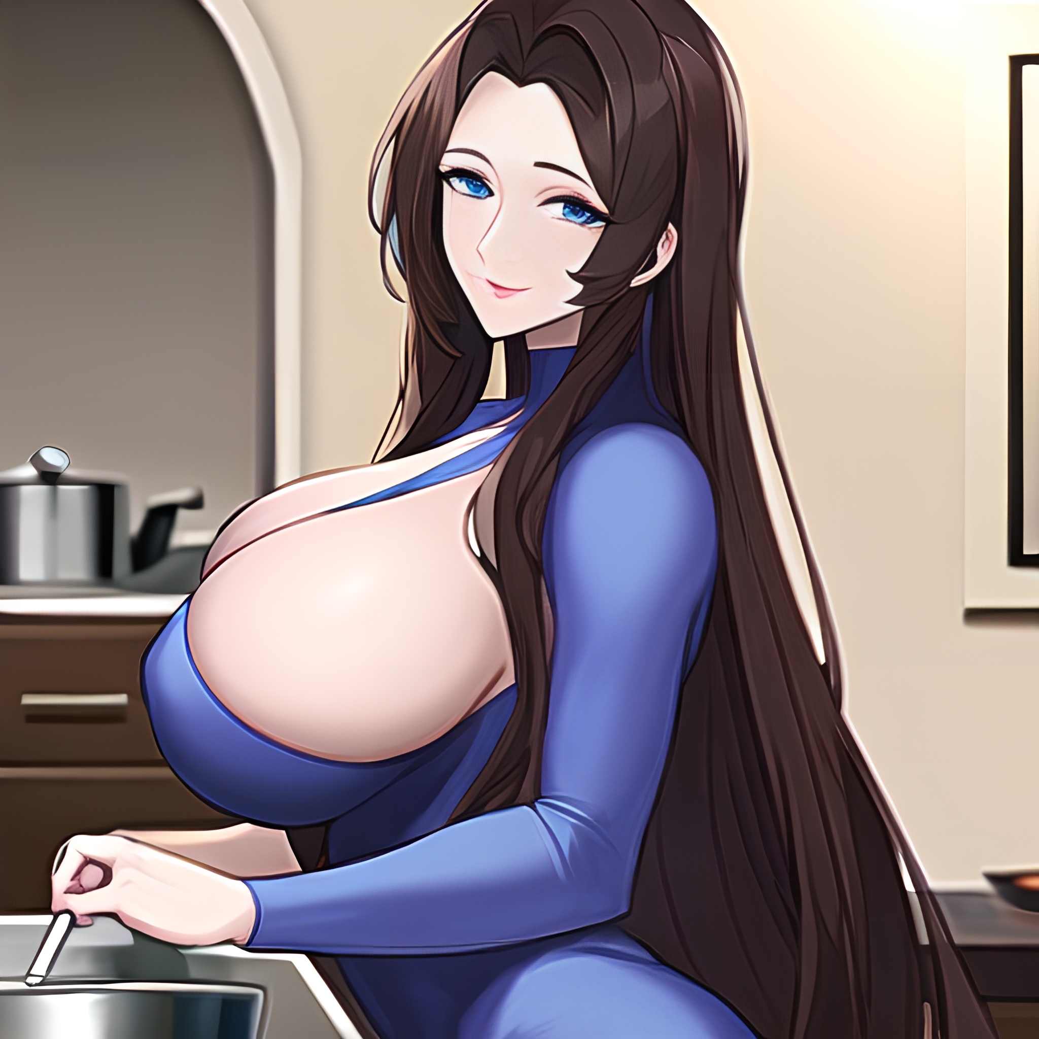 perfect boobs long hair kitchen nude woman front view 