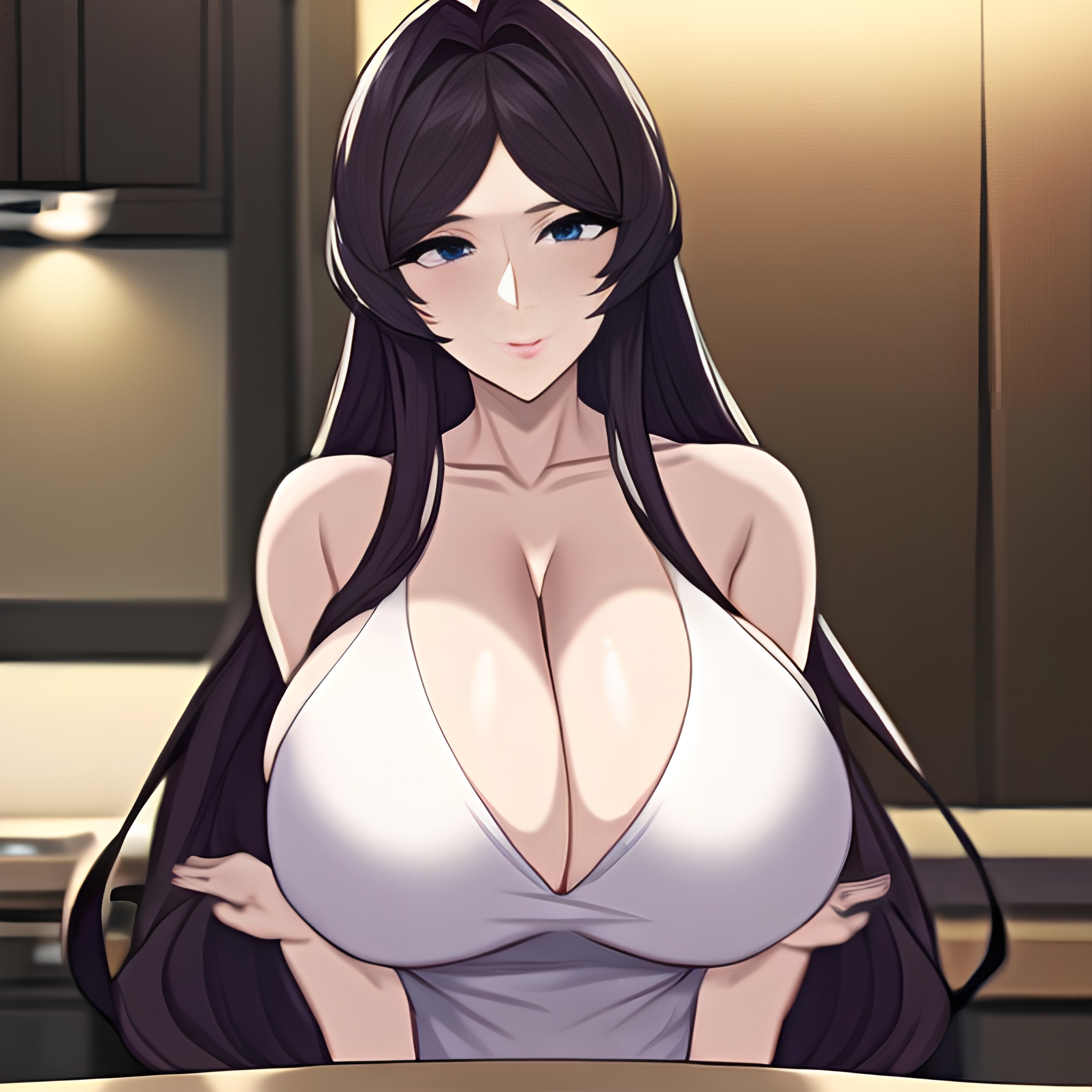 perfect boobs long hair kitchen woman front view nude 