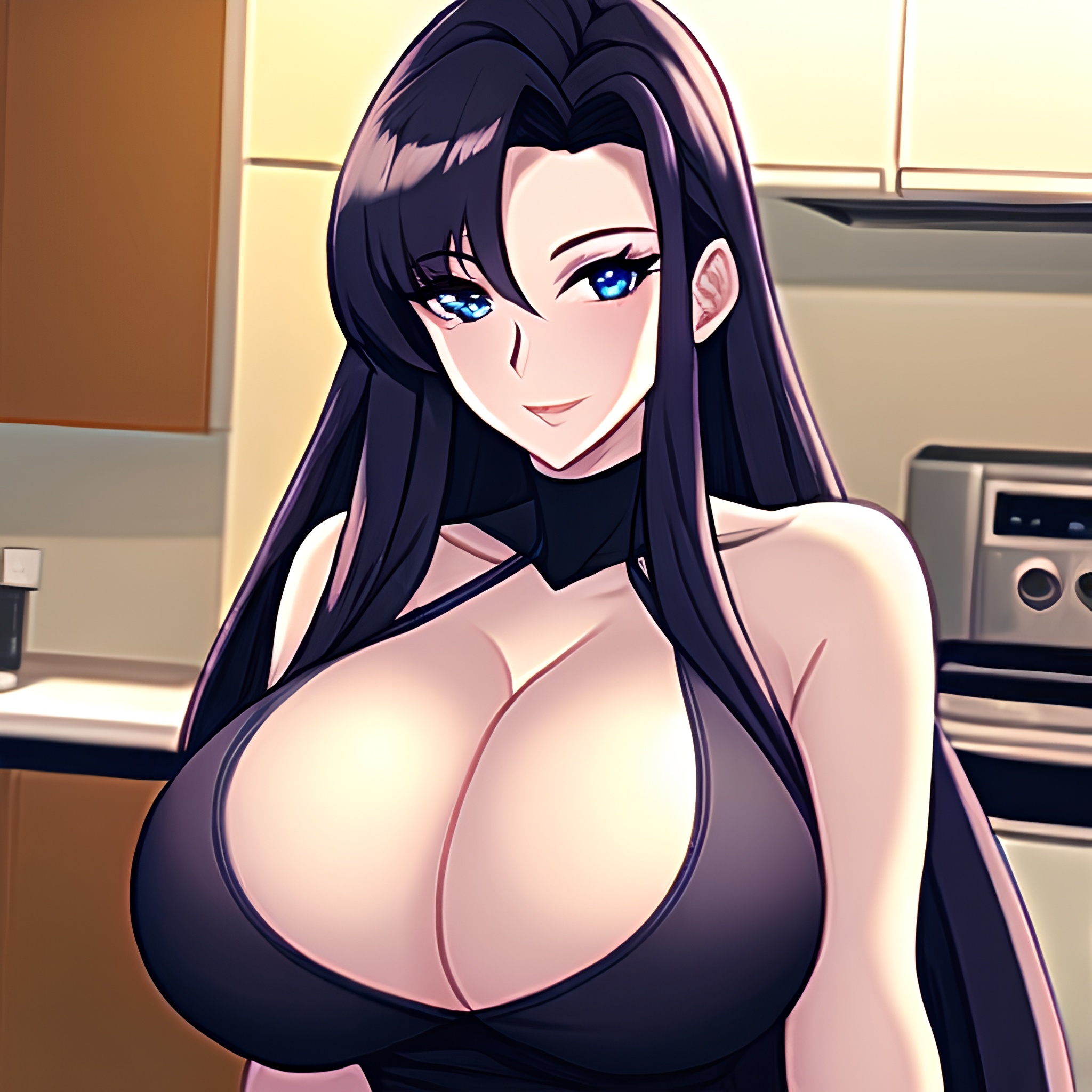 perfect boobs long hair nude front view kitchen woman 