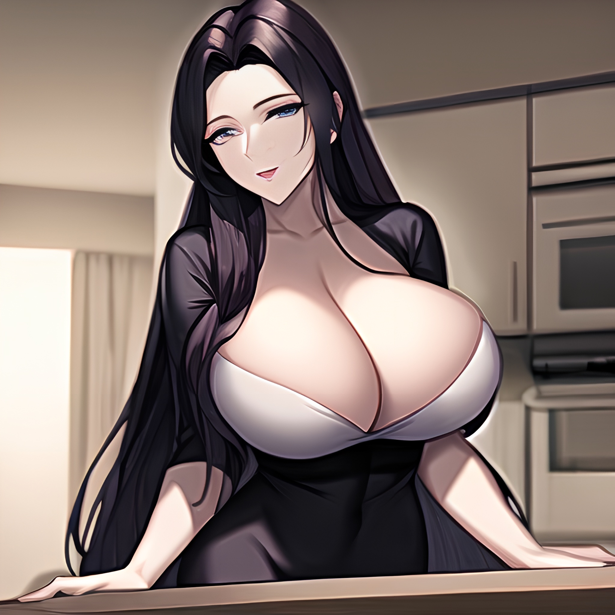 perfect boobs long hair nude front view kitchen woman 