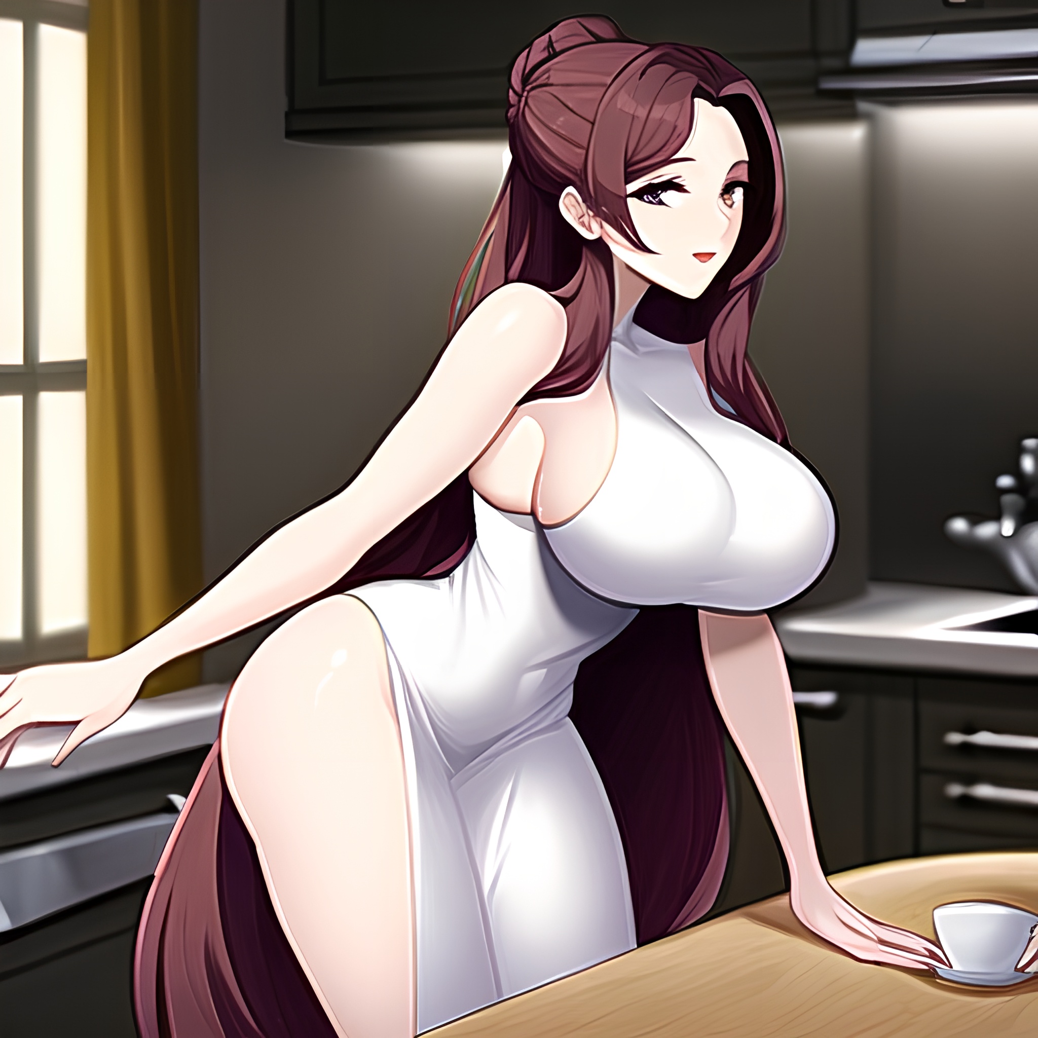 perfect boobs long hair nude kitchen woman front view 