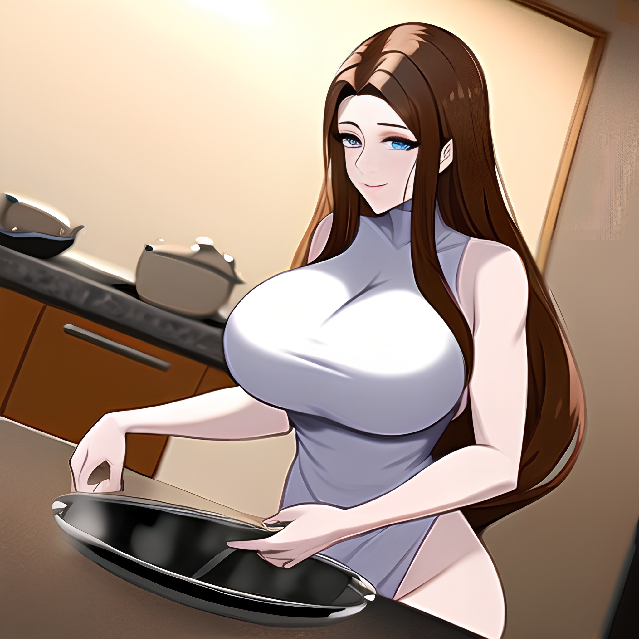 perfect boobs long hair nude kitchen woman front view 