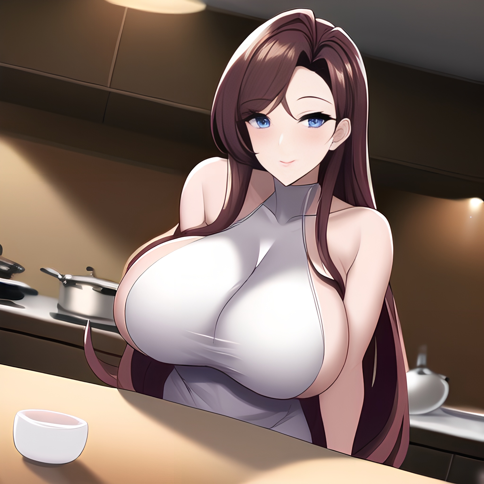 perfect boobs long hair woman front view kitchen nude 