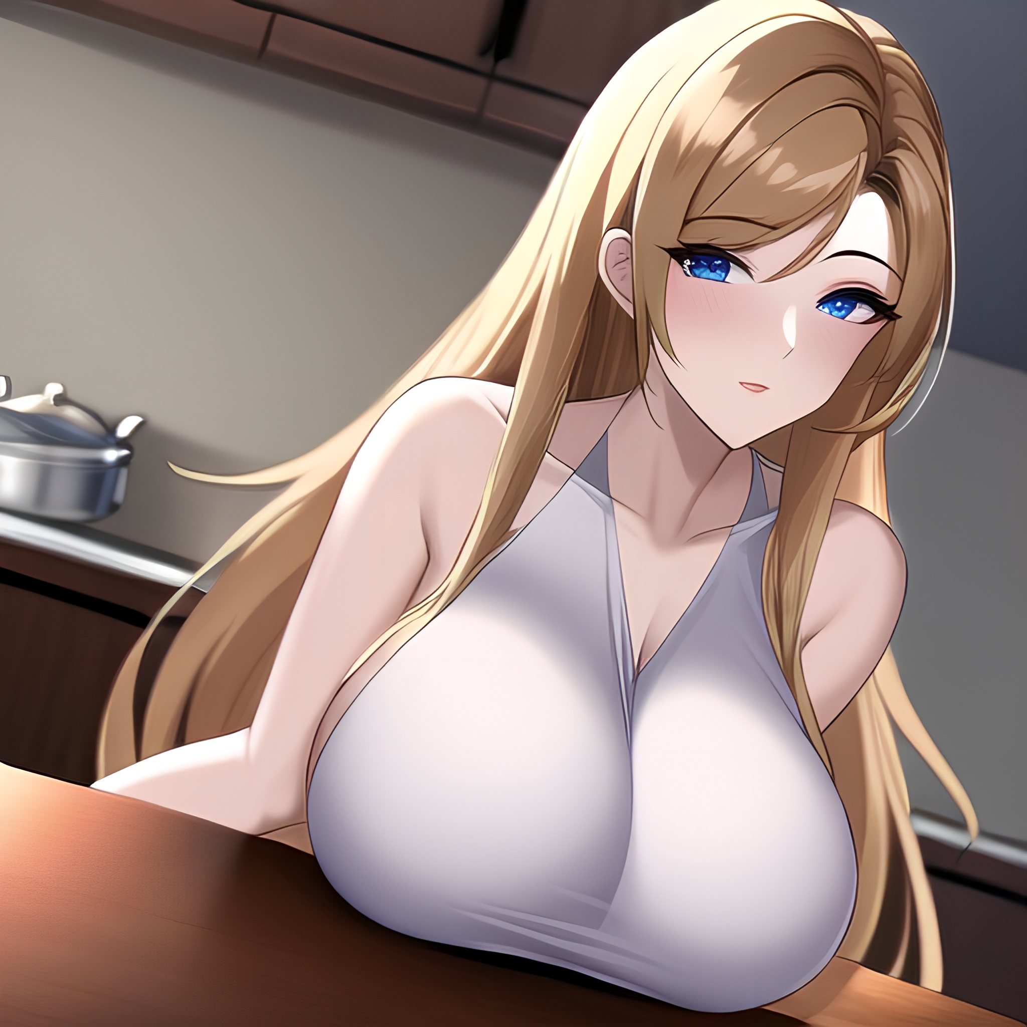 perfect boobs long hair woman front view nude kitchen 