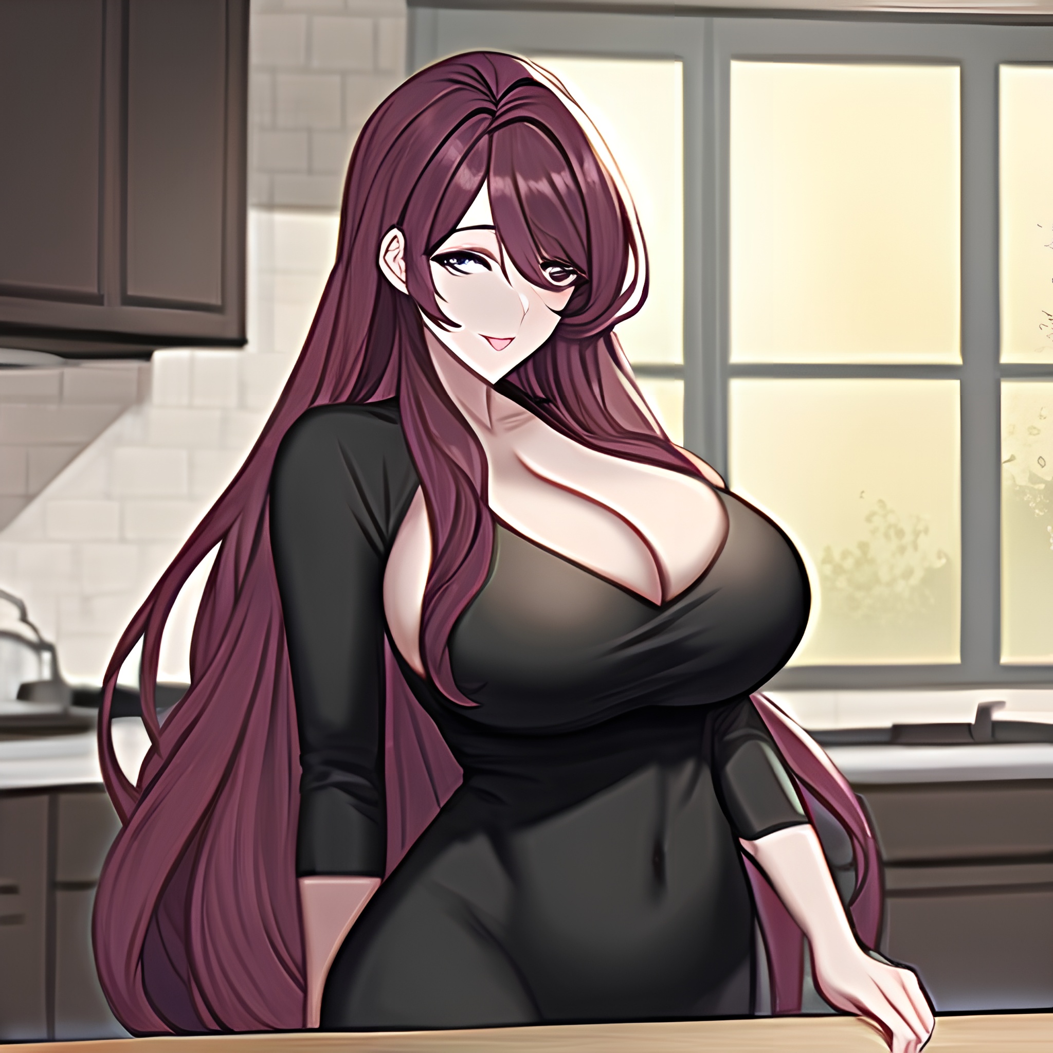 perfect boobs nude front view long hair woman kitchen 