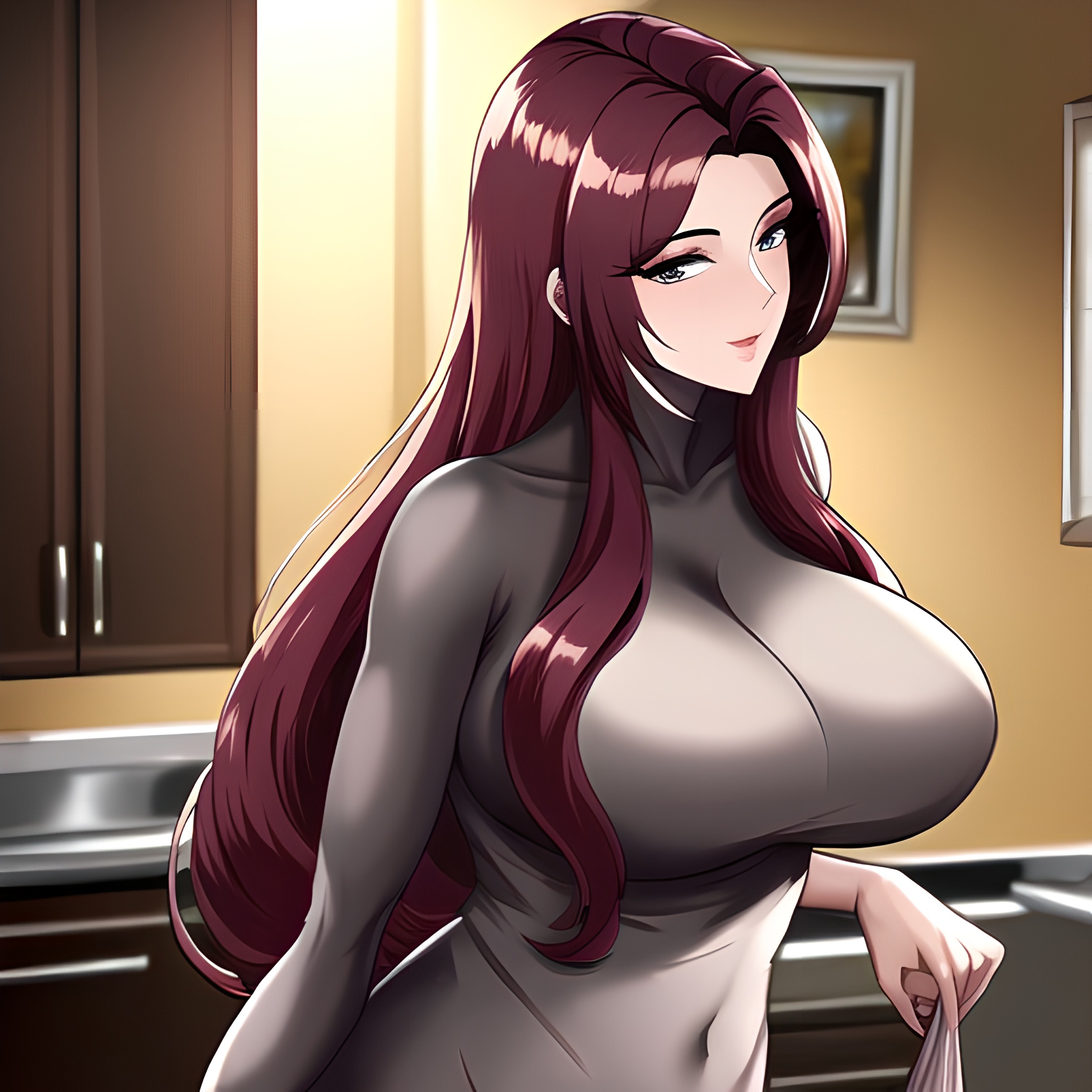 perfect boobs nude front view woman long hair kitchen 