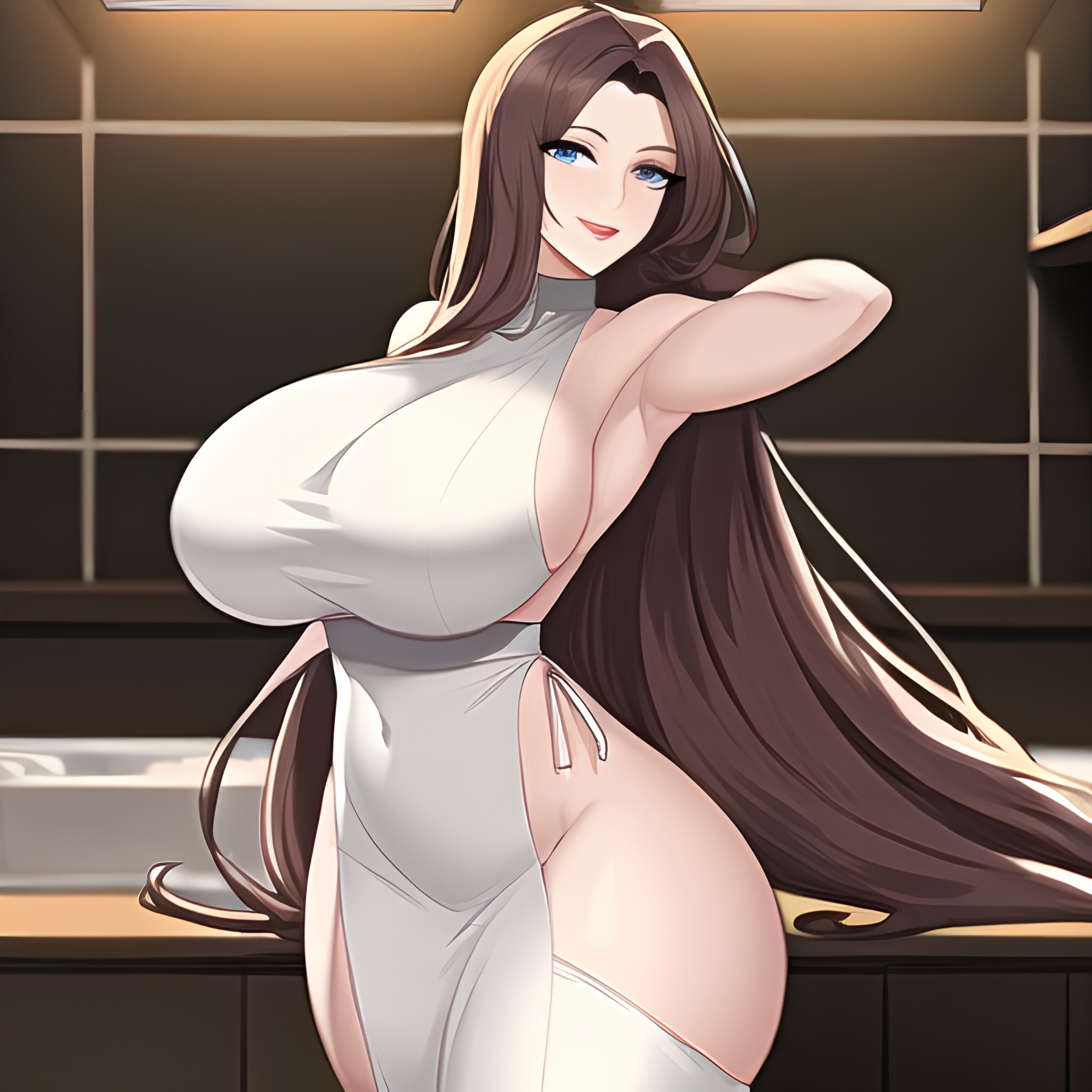 perfect boobs nude kitchen long hair front view woman 