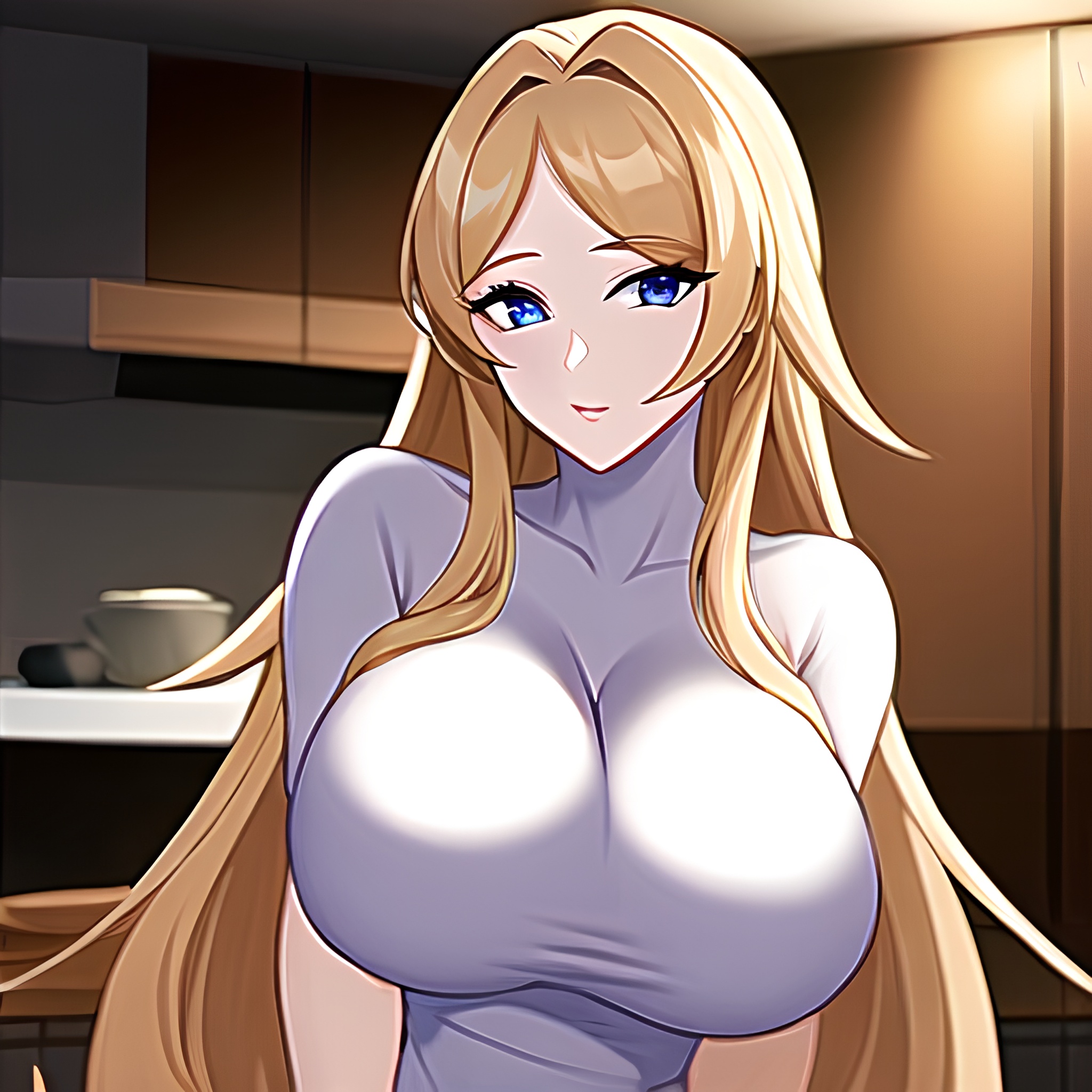 perfect boobs nude kitchen woman long hair front view 