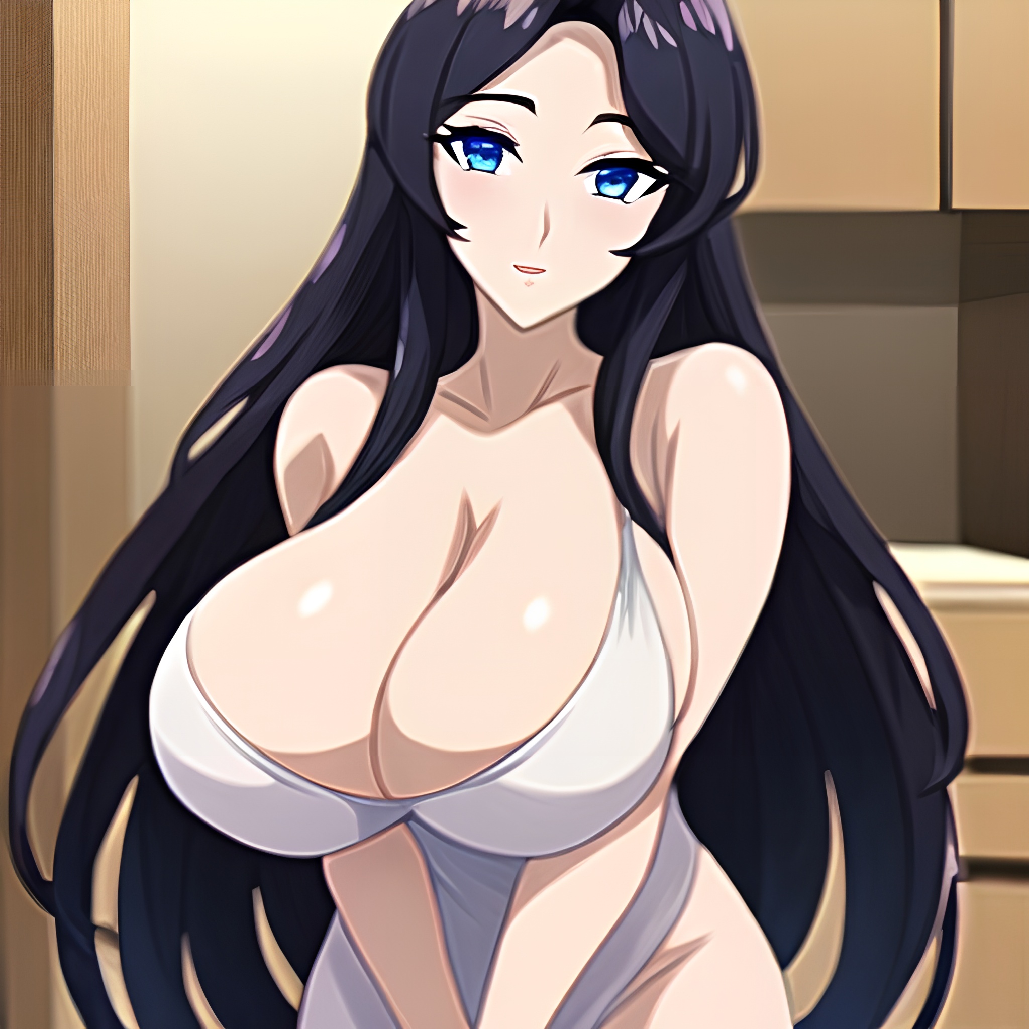 perfect boobs nude long hair woman kitchen front view 