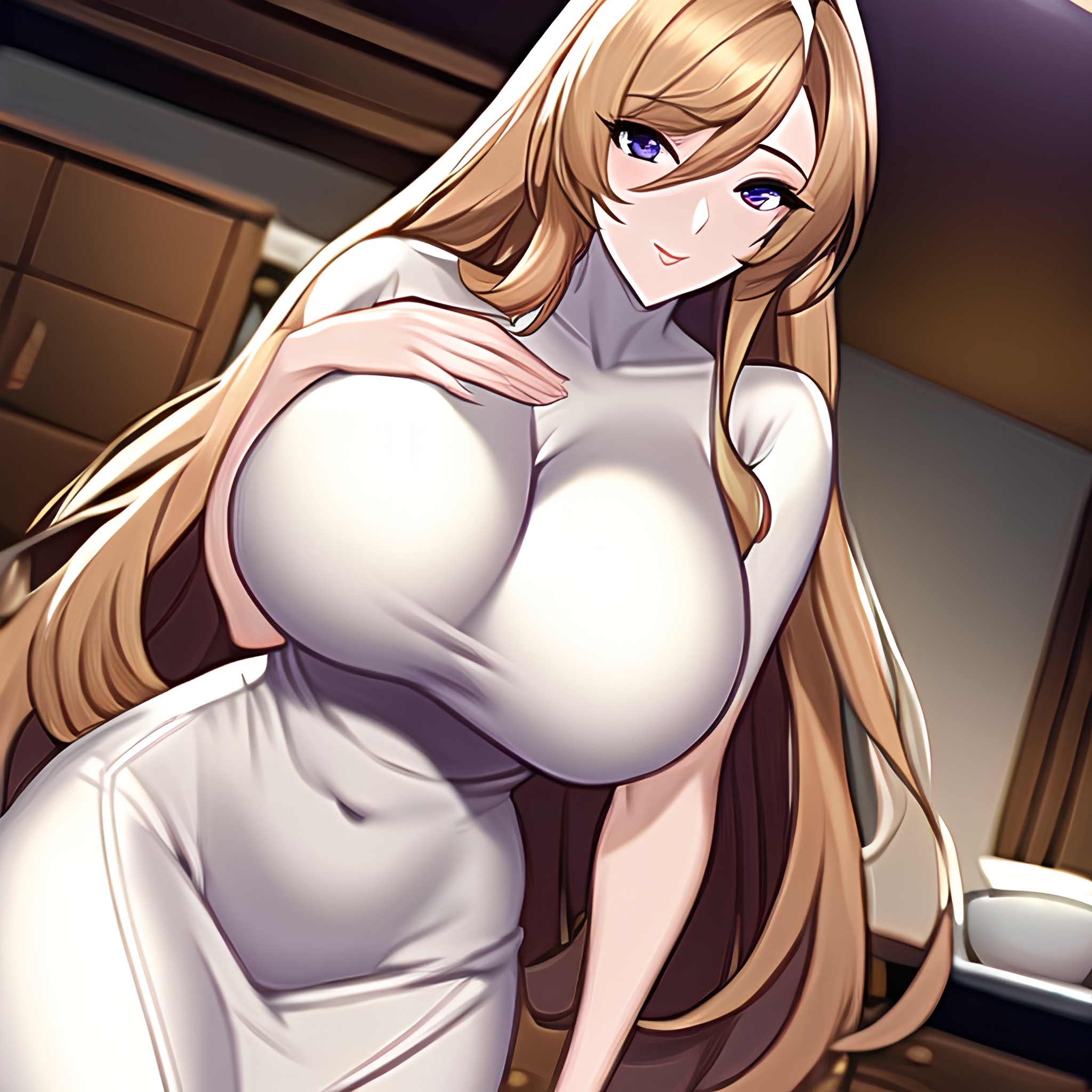 perfect boobs nude woman front view long hair kitchen 