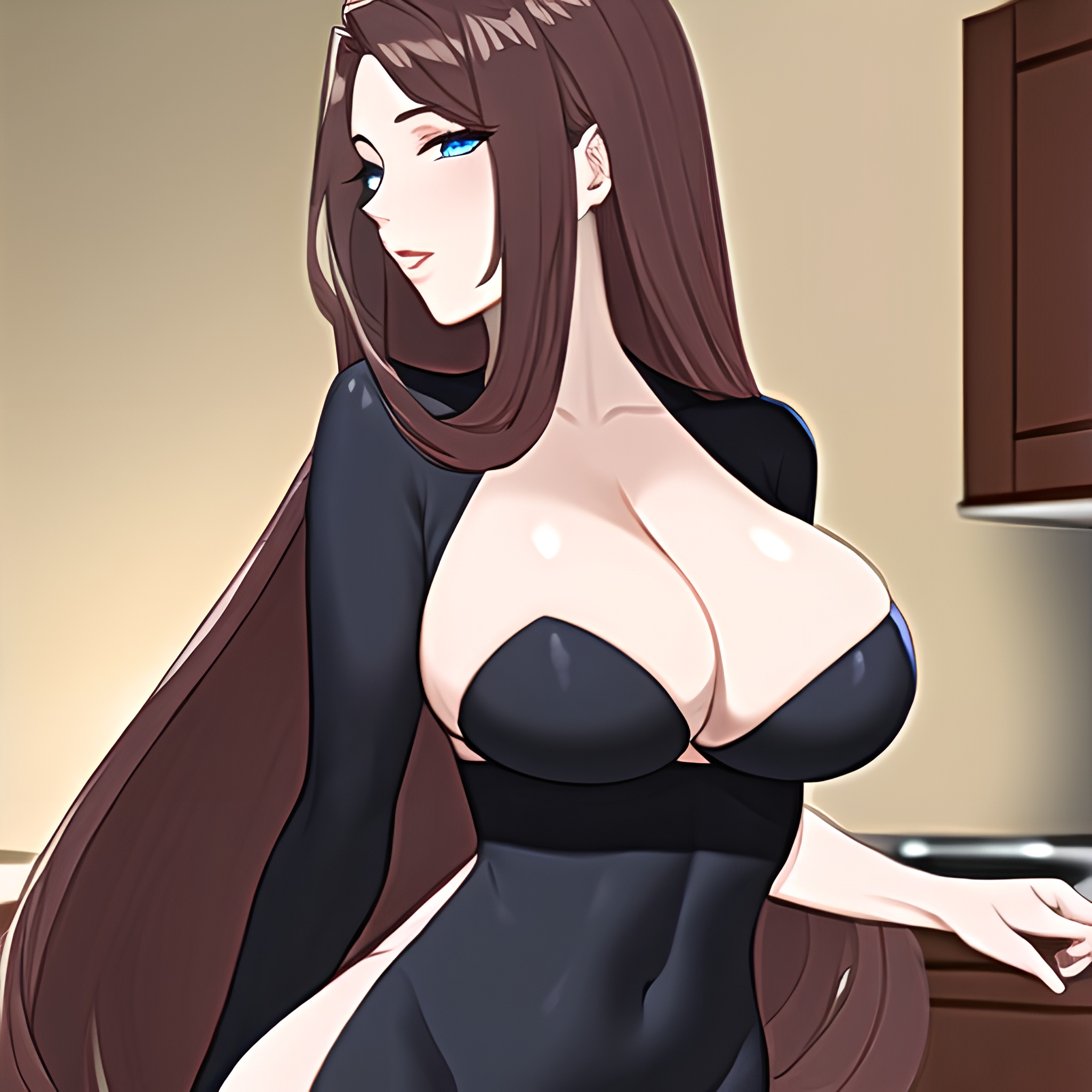 perfect boobs nude woman front view long hair kitchen 