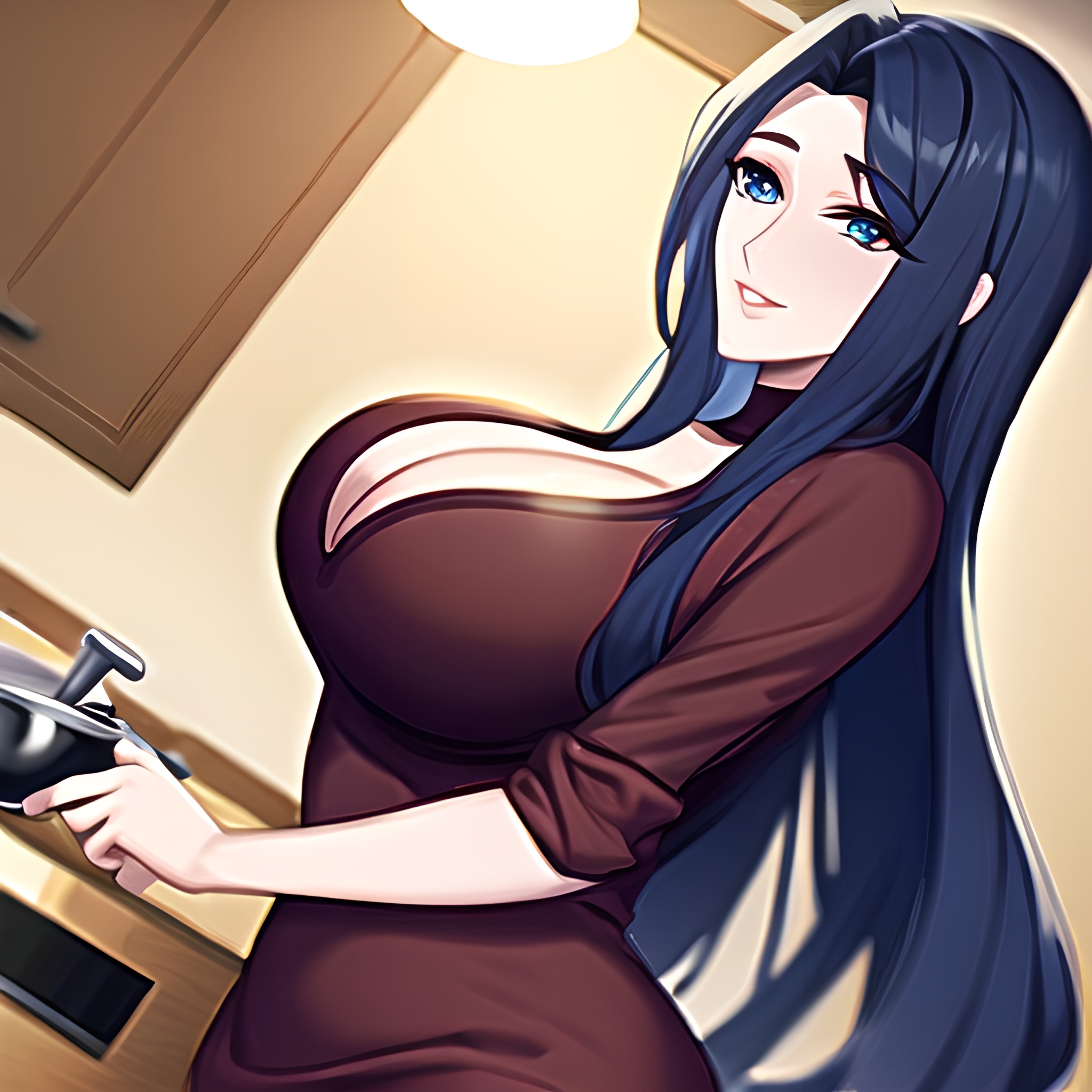 perfect boobs nude woman long hair front view kitchen