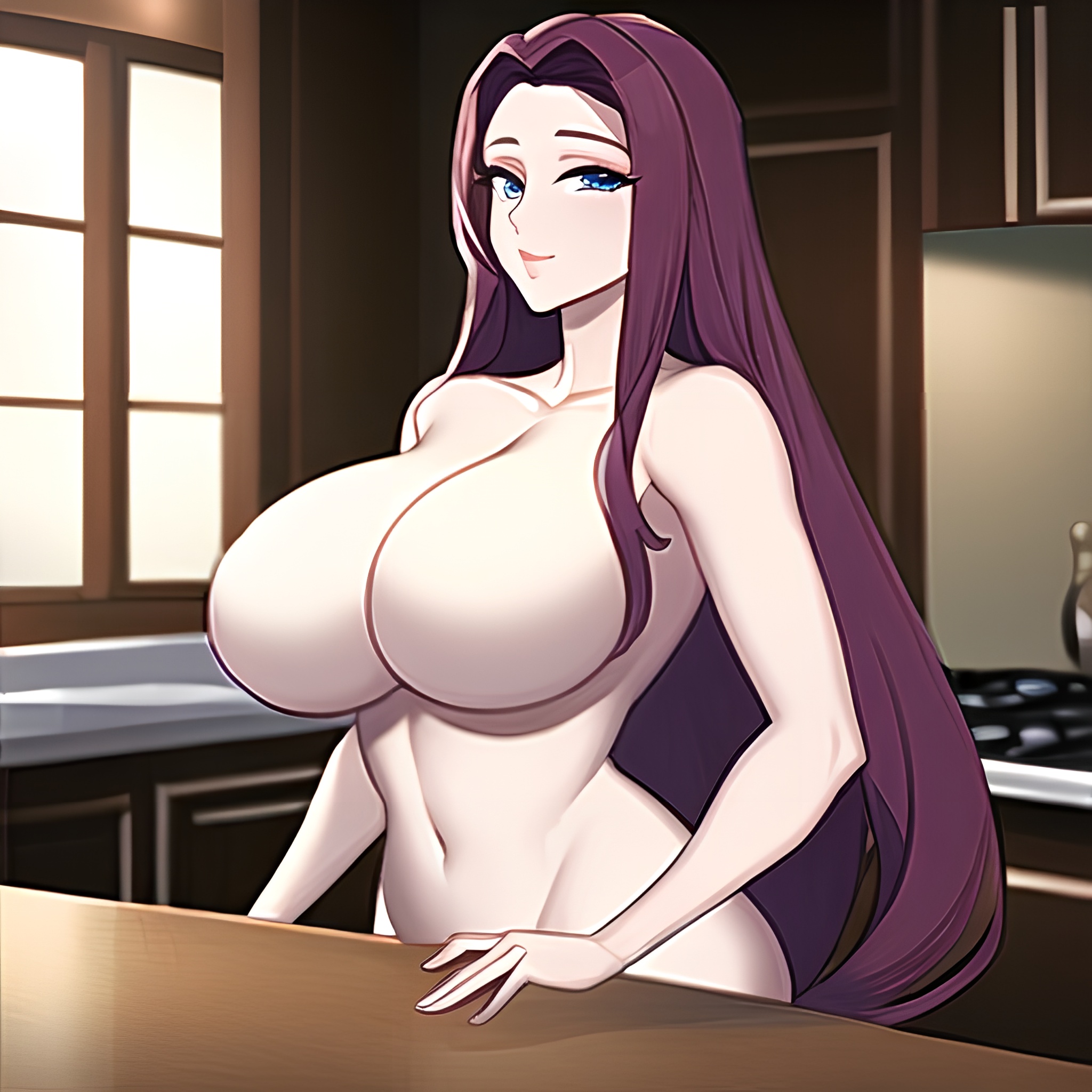 perfect boobs nude woman long hair front view kitchen 