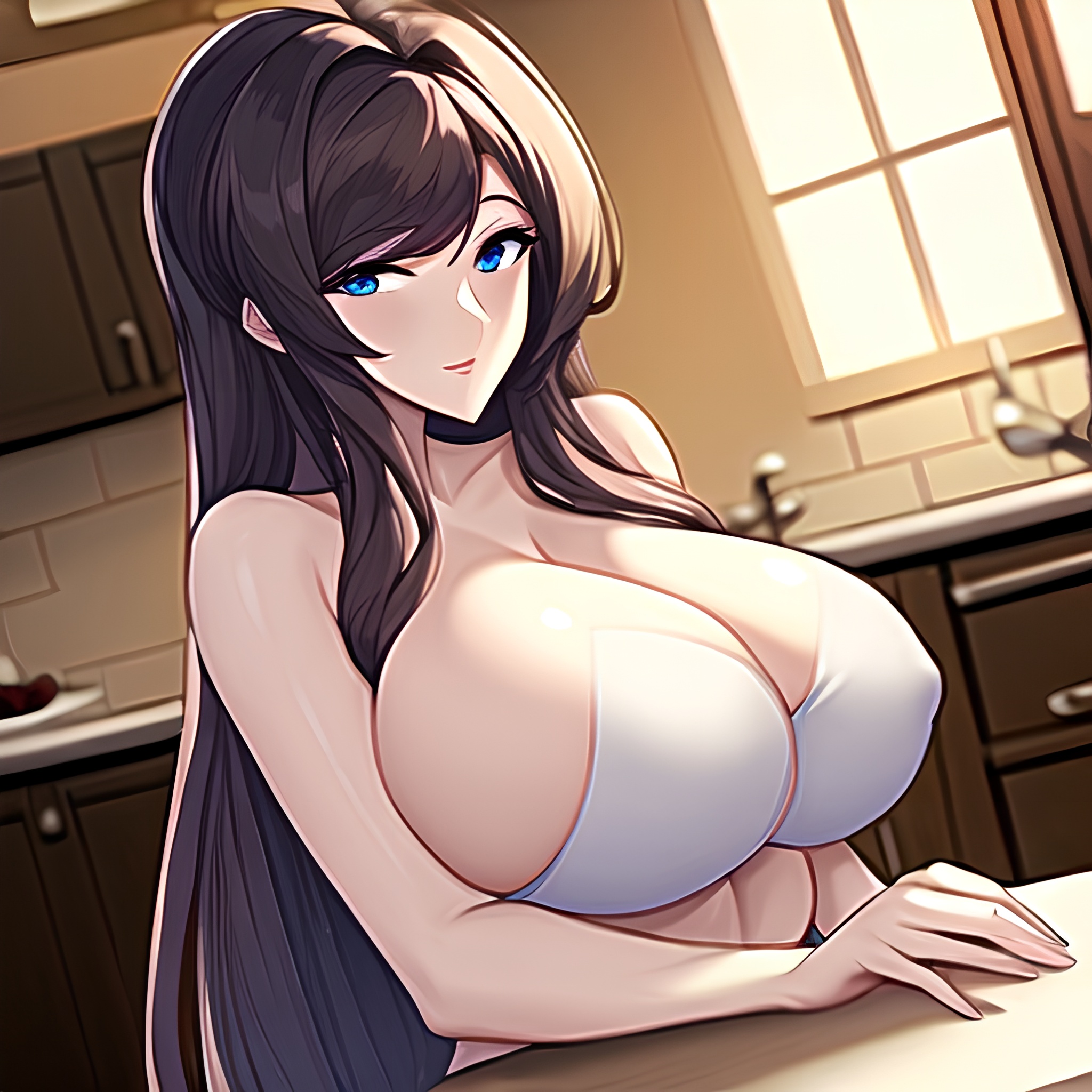 perfect boobs nude woman long hair front view kitchen 