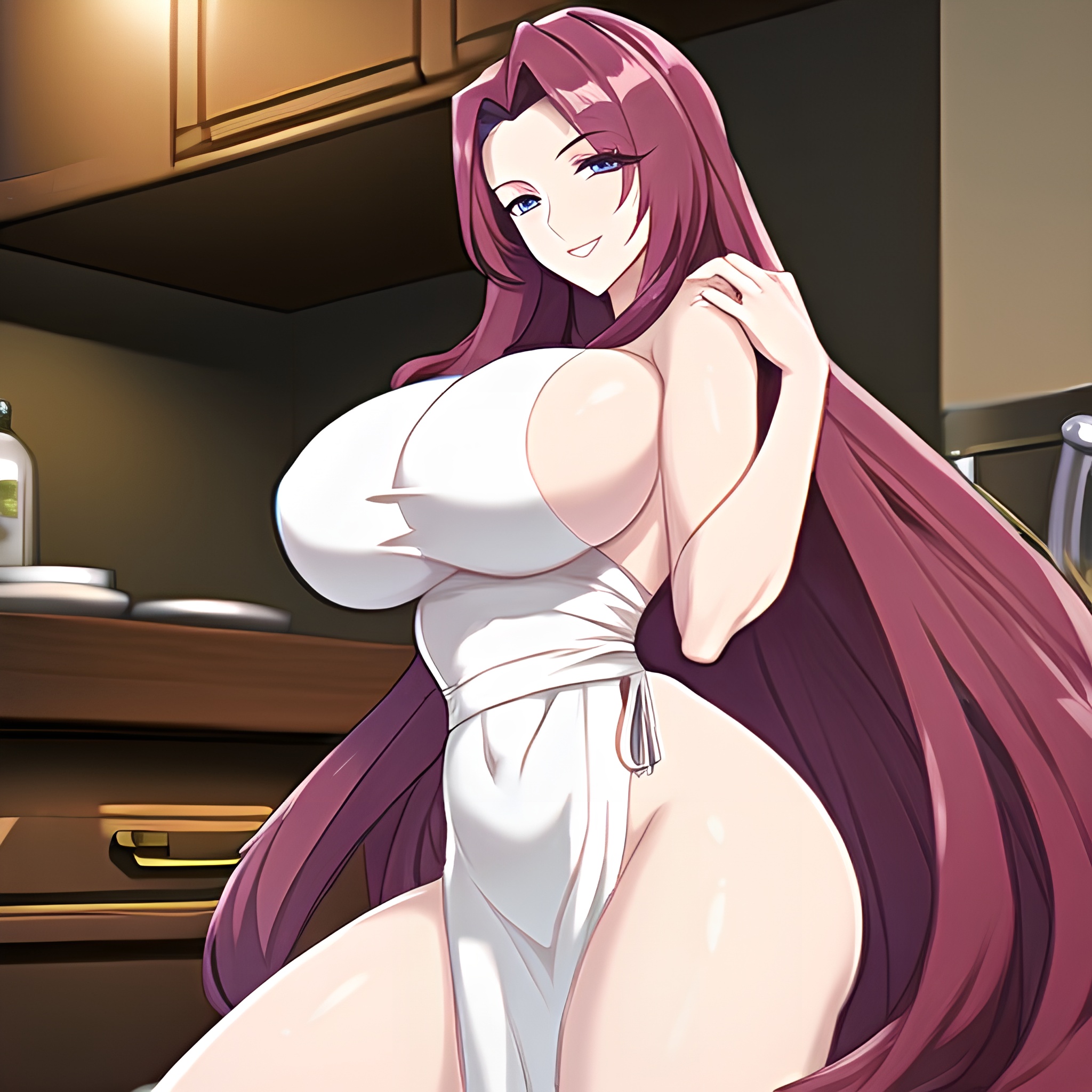 perfect boobs woman kitchen nude long hair front view 