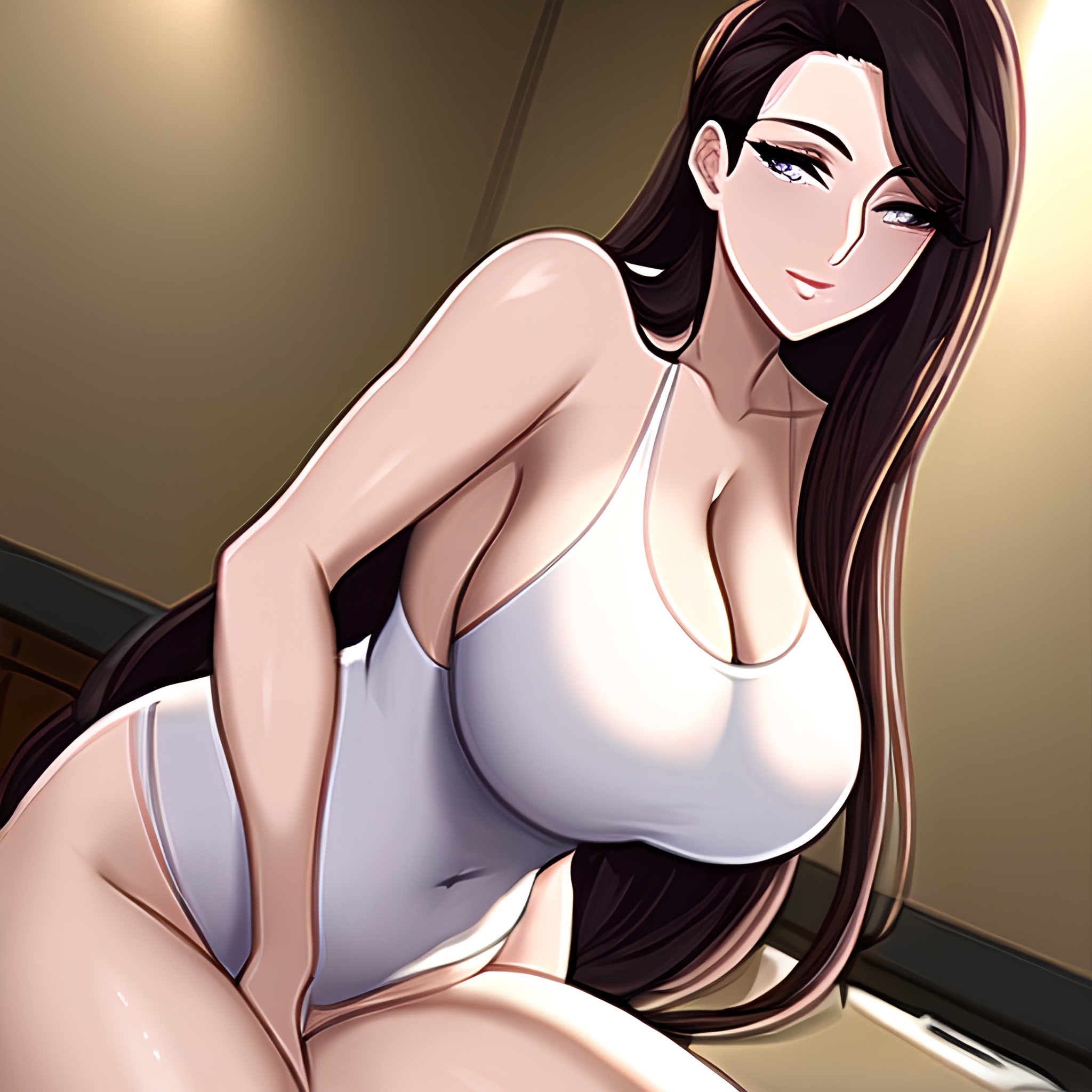 perfect boobs woman long hair front view nude kitchen 