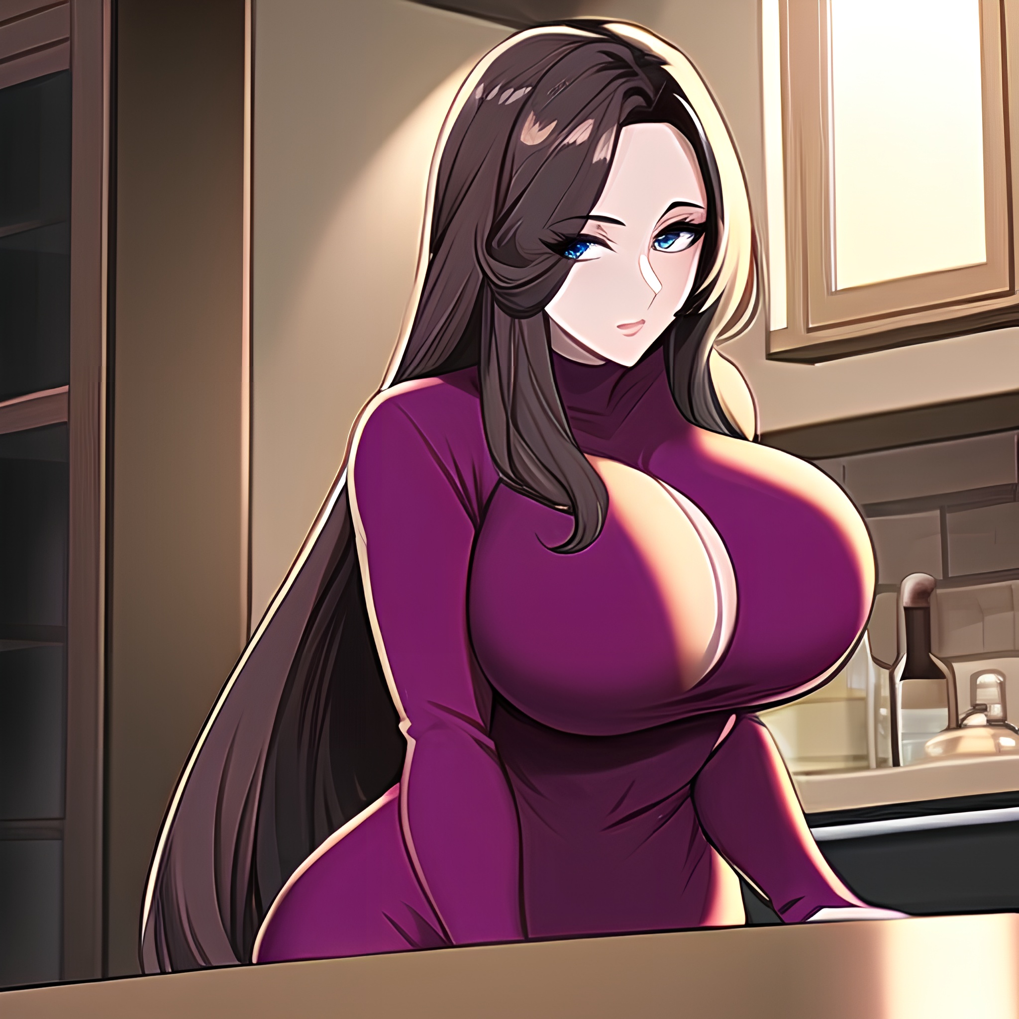 perfect boobs woman long hair kitchen front view nude 