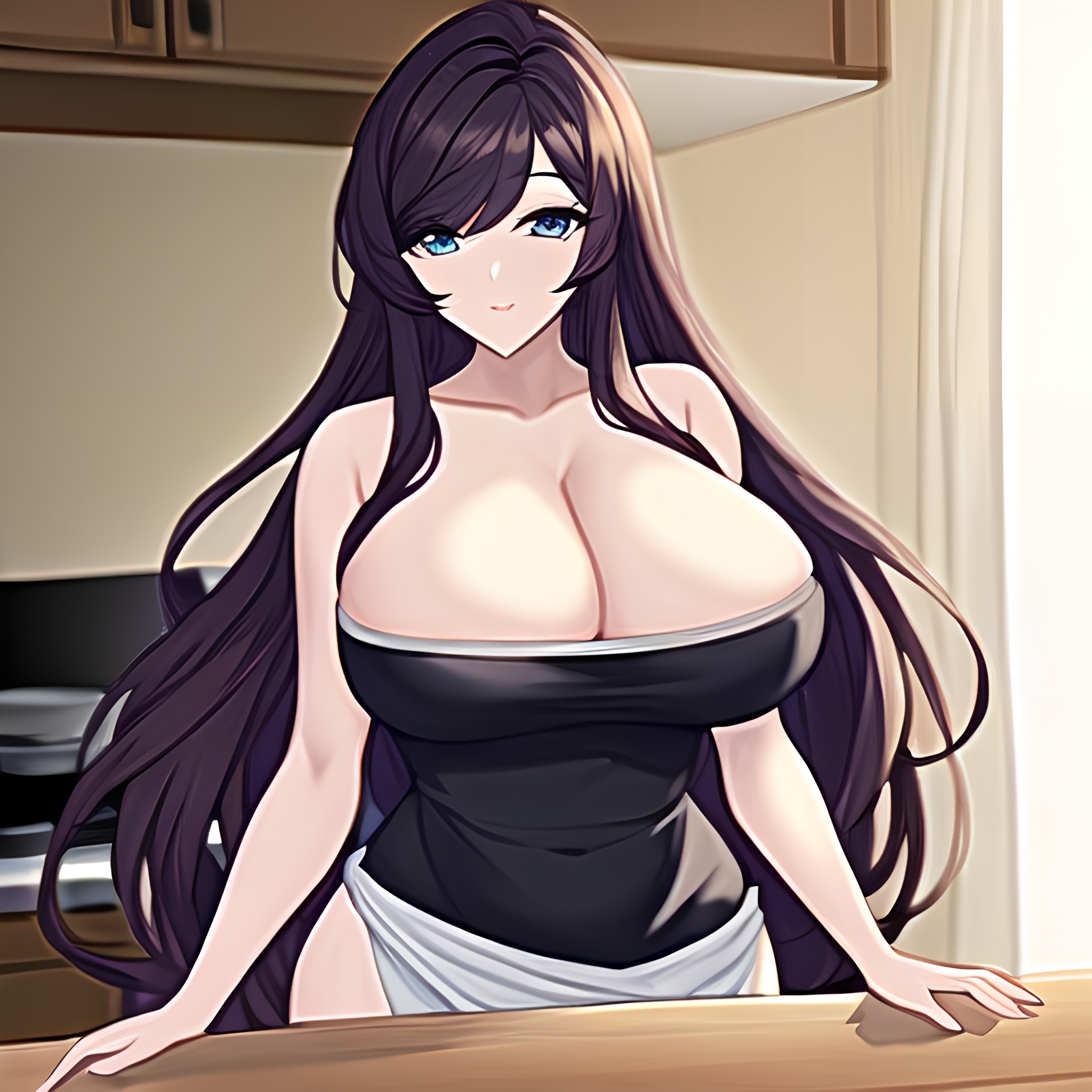 perfect boobs woman long hair nude kitchen front view 