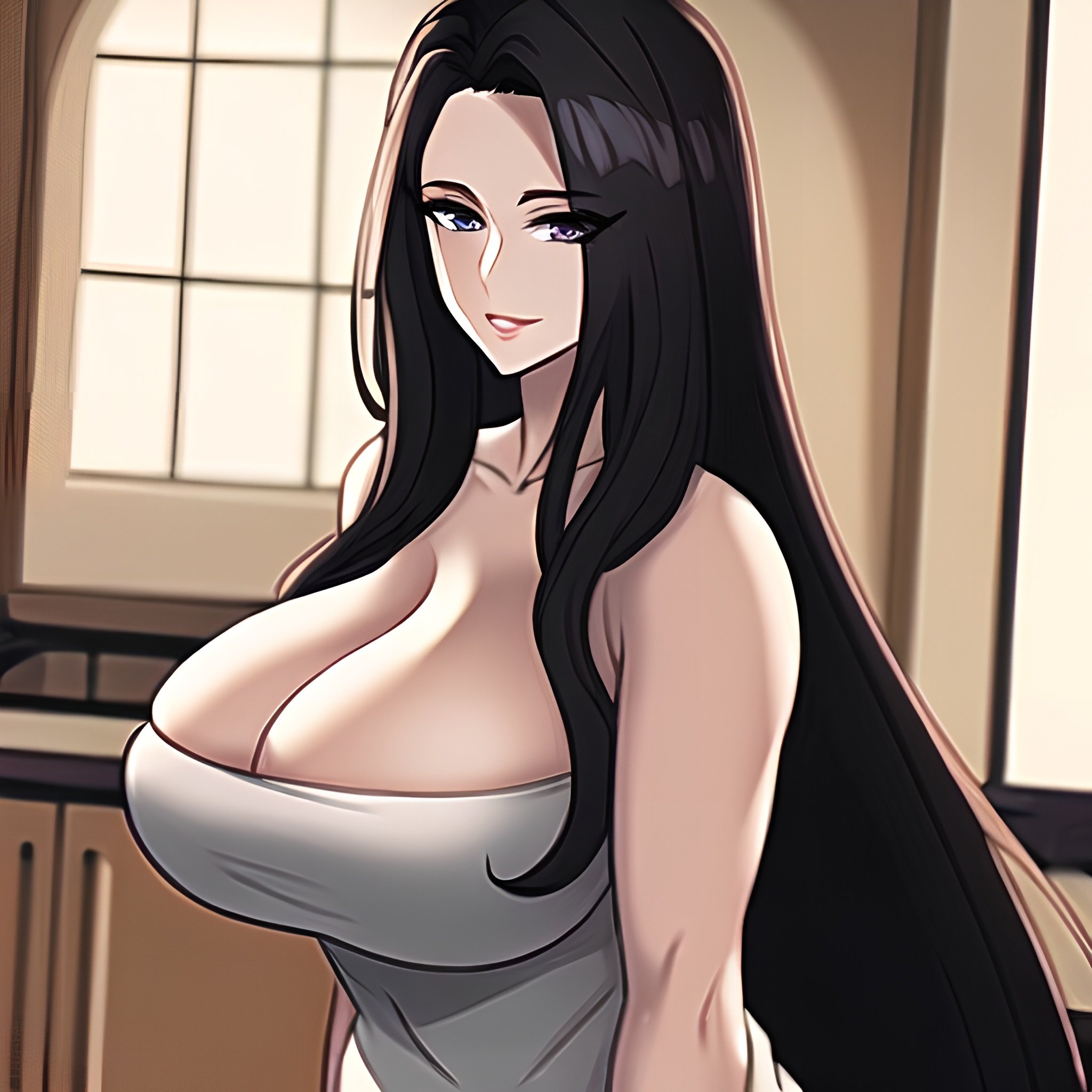 perfect boobs woman nude front view kitchen long hair 