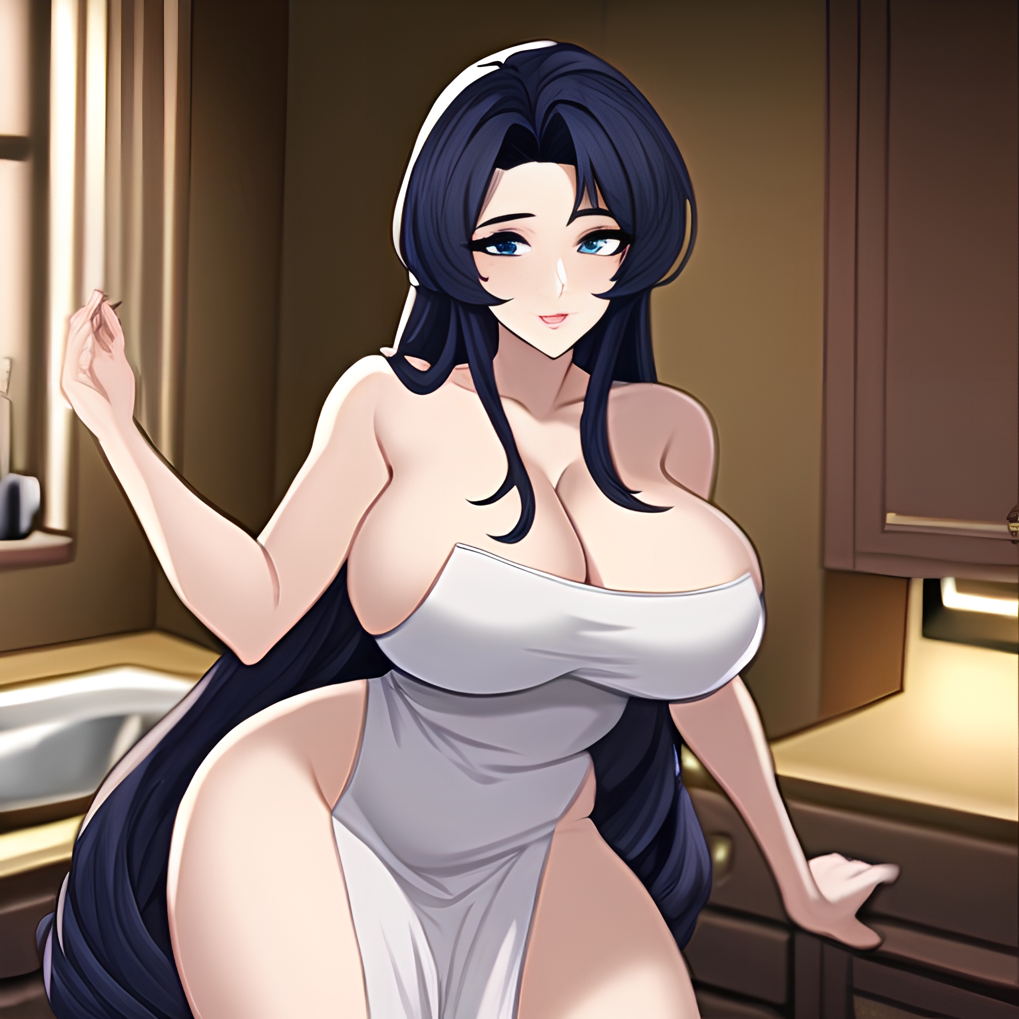 perfect boobs woman nude front view long hair kitchen 