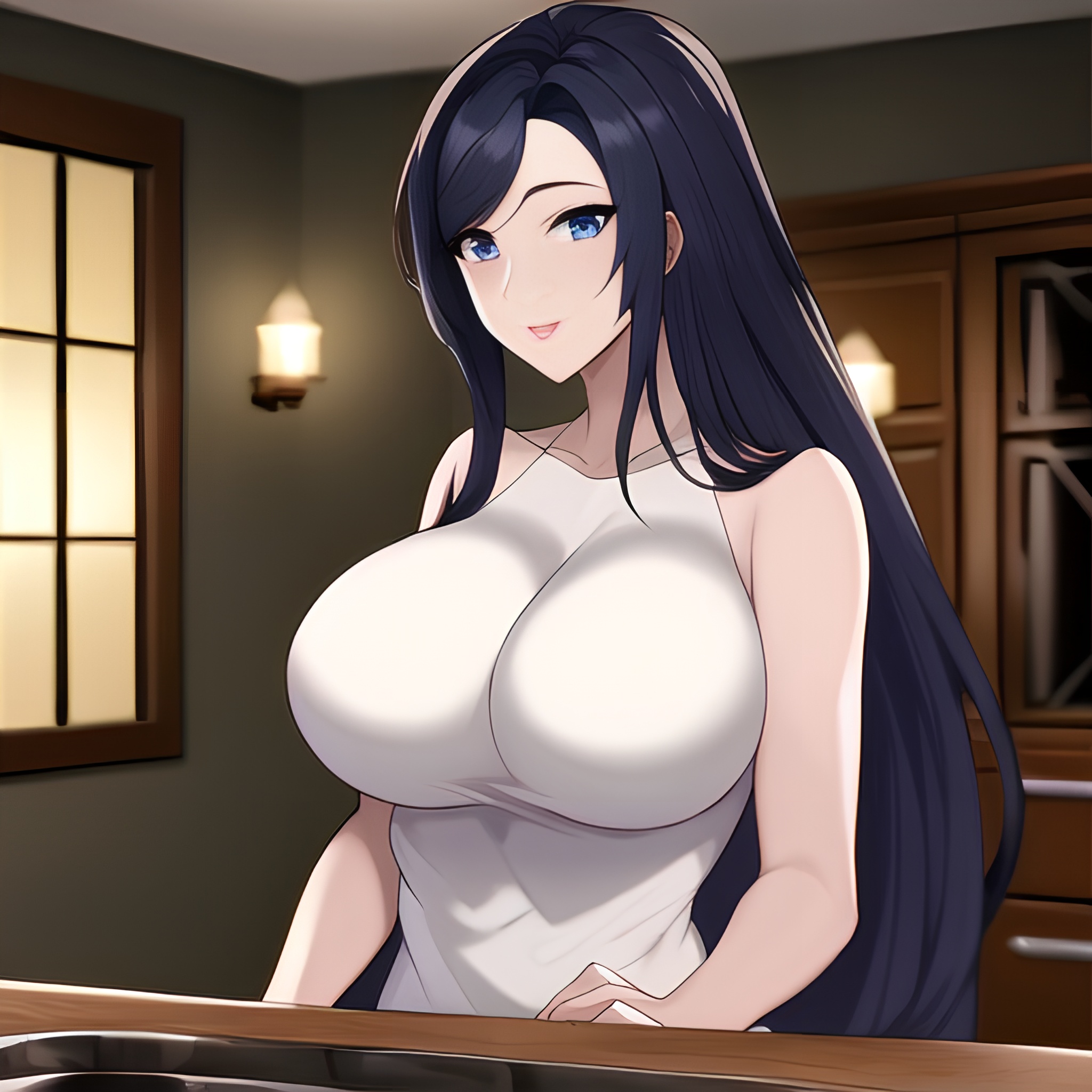 perfect boobs woman nude front view long hair kitchen 