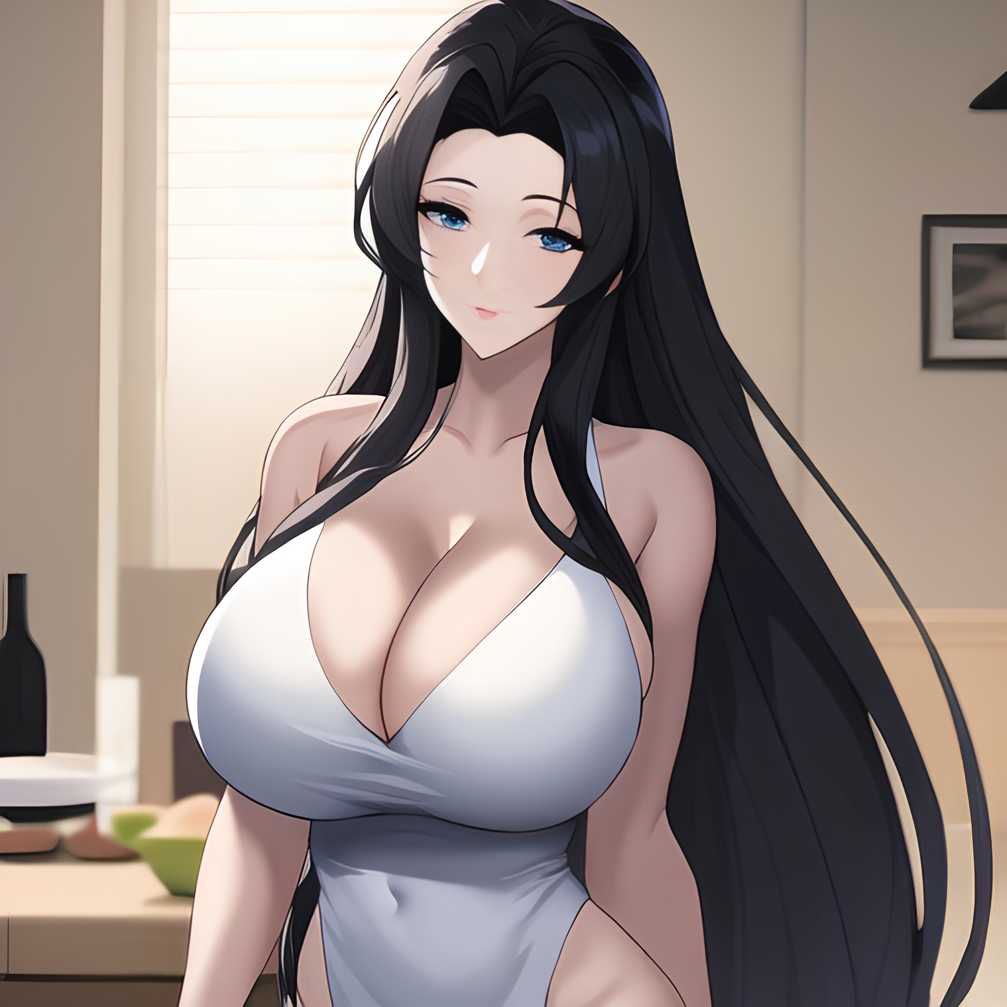 perfect boobs woman nude kitchen front view long hair 