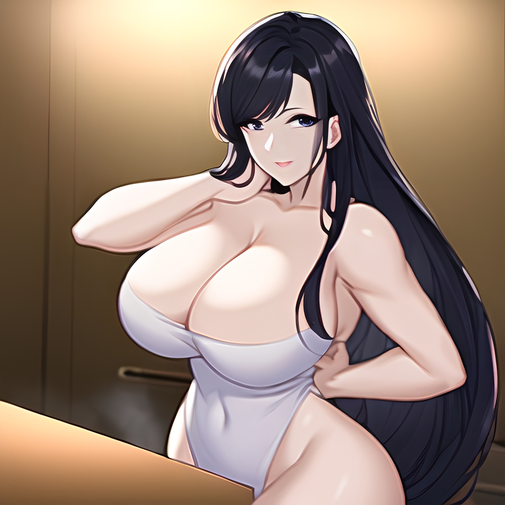 woman front view kitchen long hair nude perfect boobs 