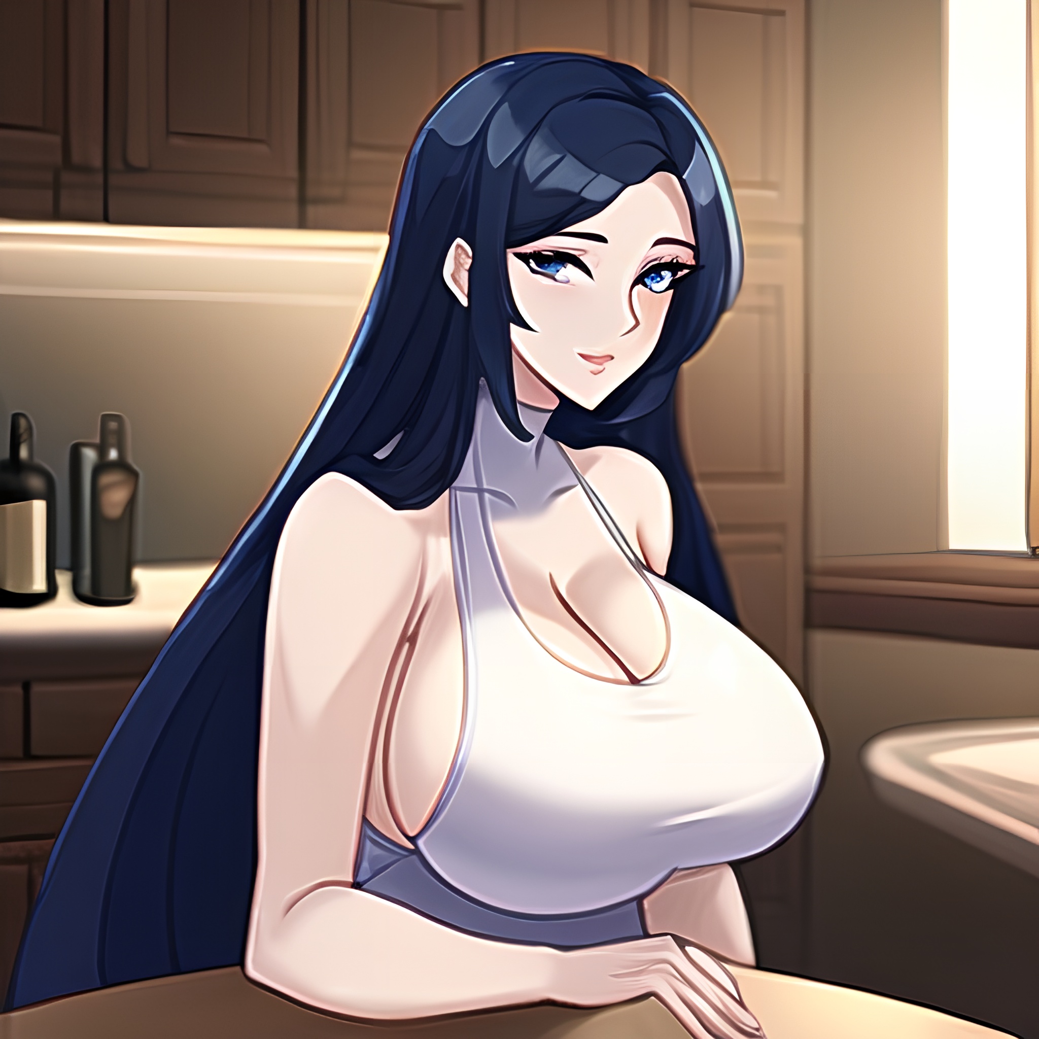 woman front view kitchen long hair nude perfect boobs 