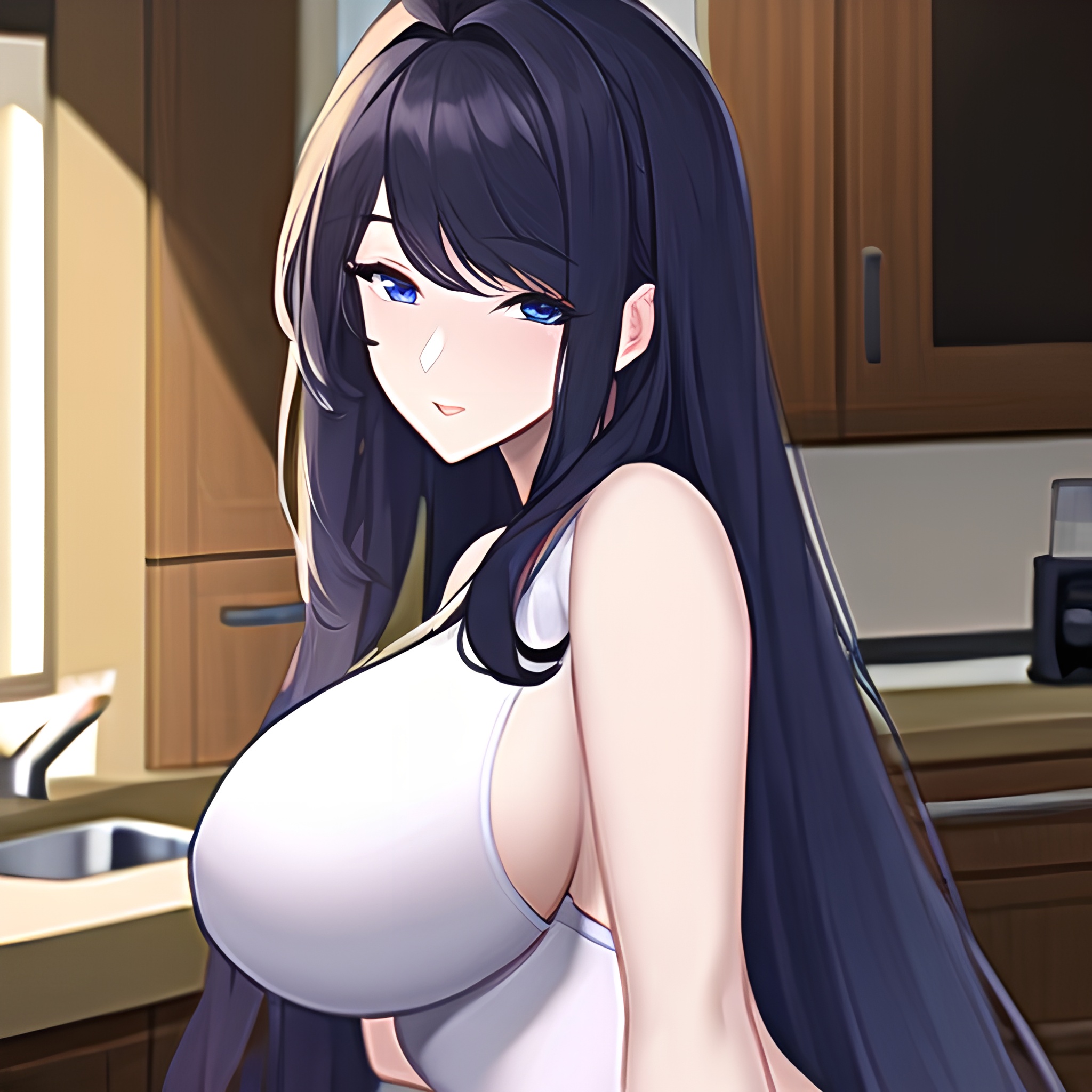 woman front view kitchen long hair perfect boobs nude 