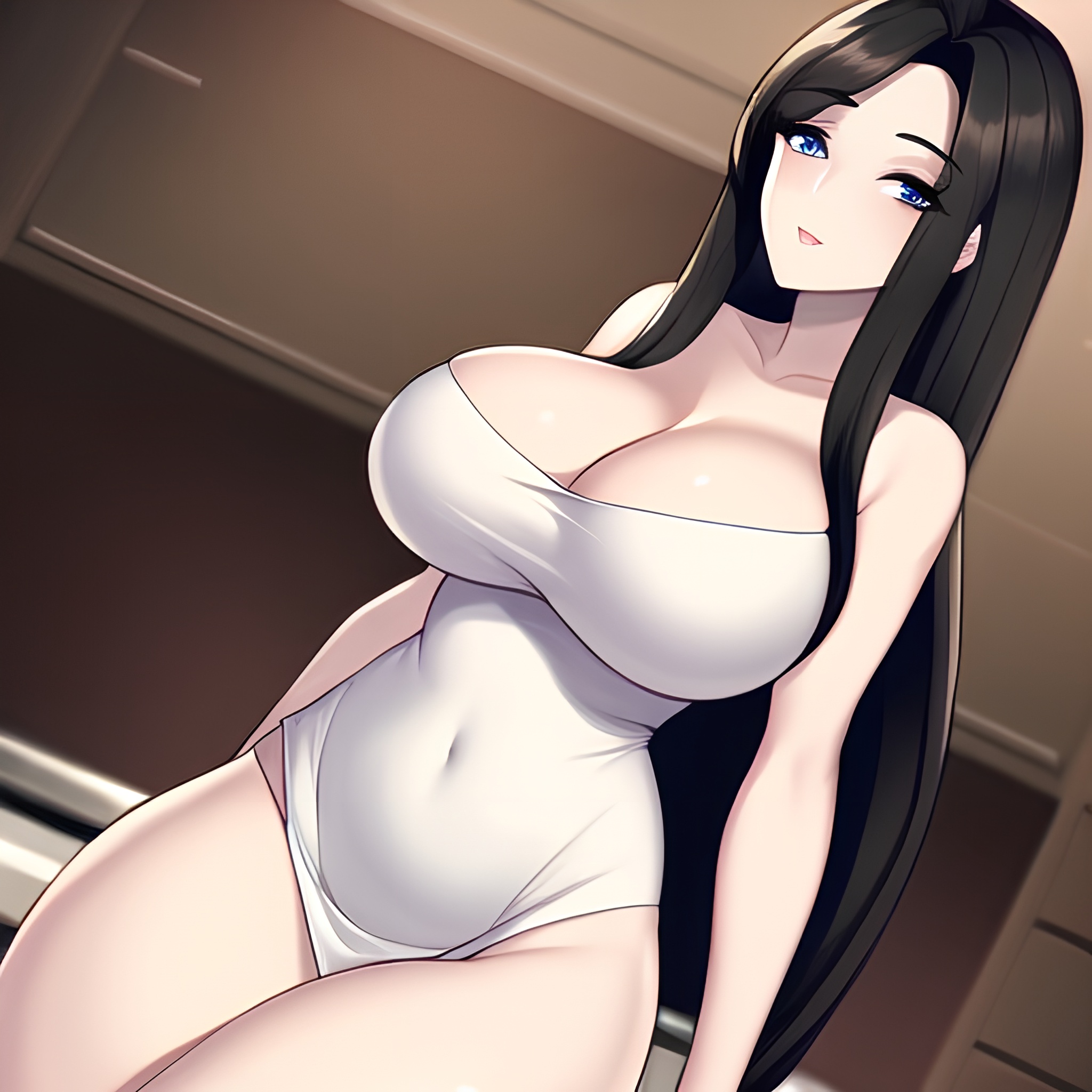 woman front view kitchen nude perfect boobs long hair 