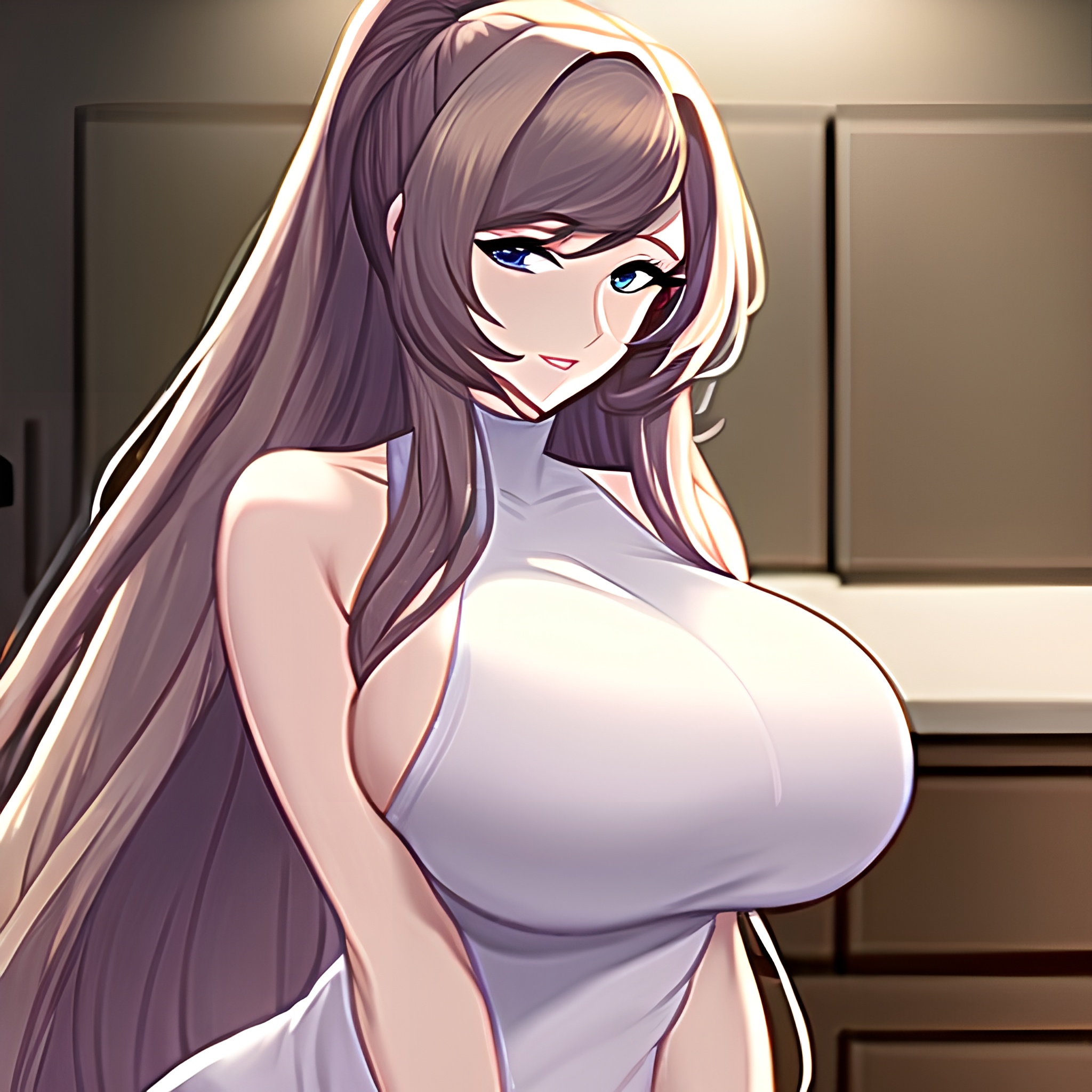 woman front view kitchen perfect boobs long hair nude 