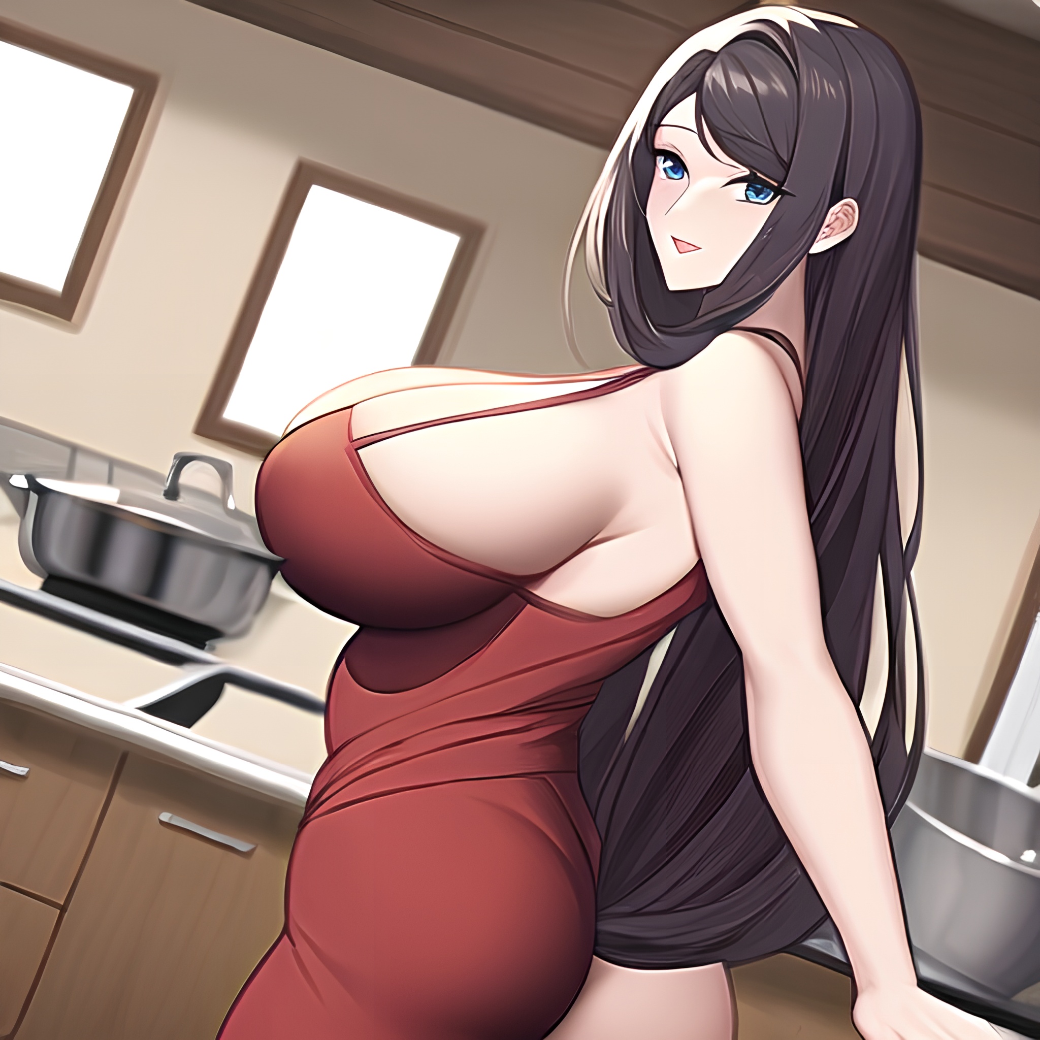 woman front view long hair kitchen nude perfect boobs 