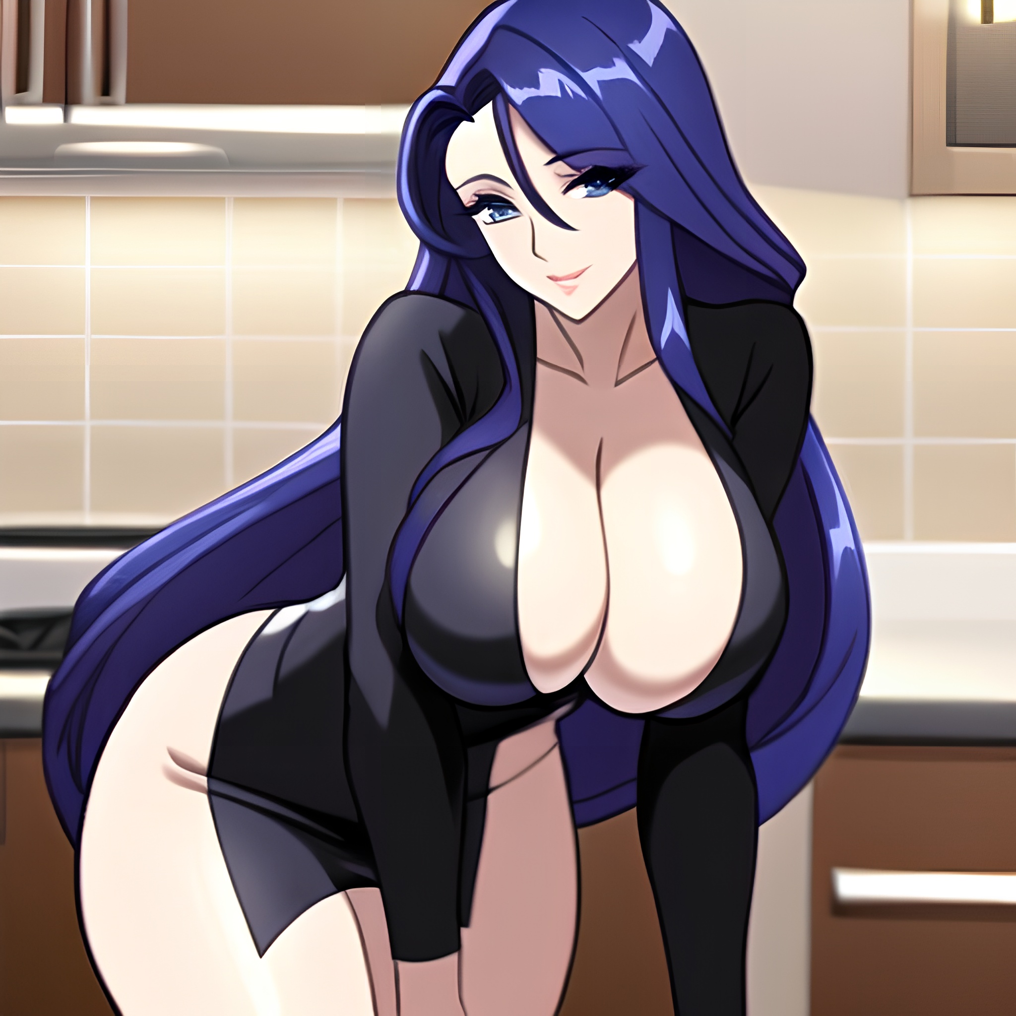 woman front view long hair perfect boobs nude kitchen 