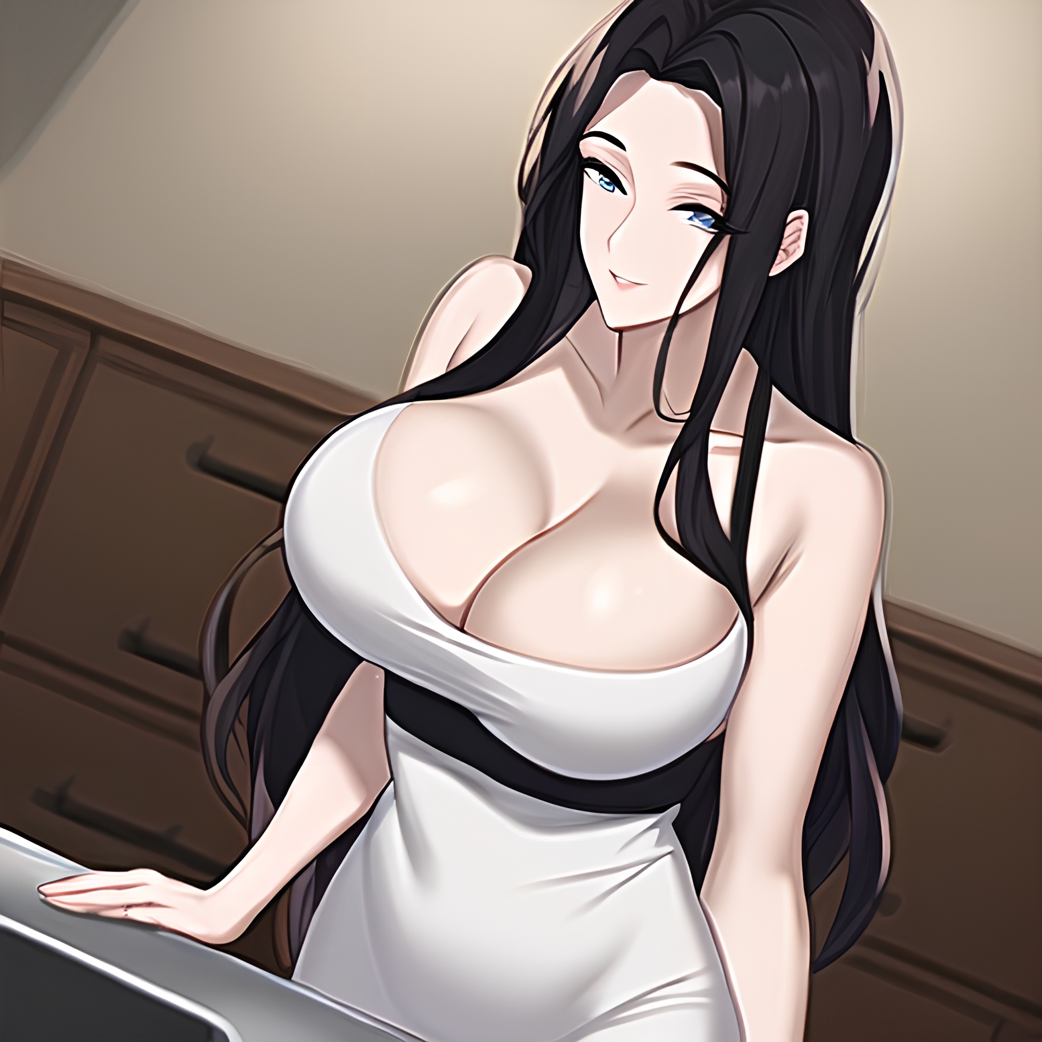 woman front view nude perfect boobs kitchen long hair 