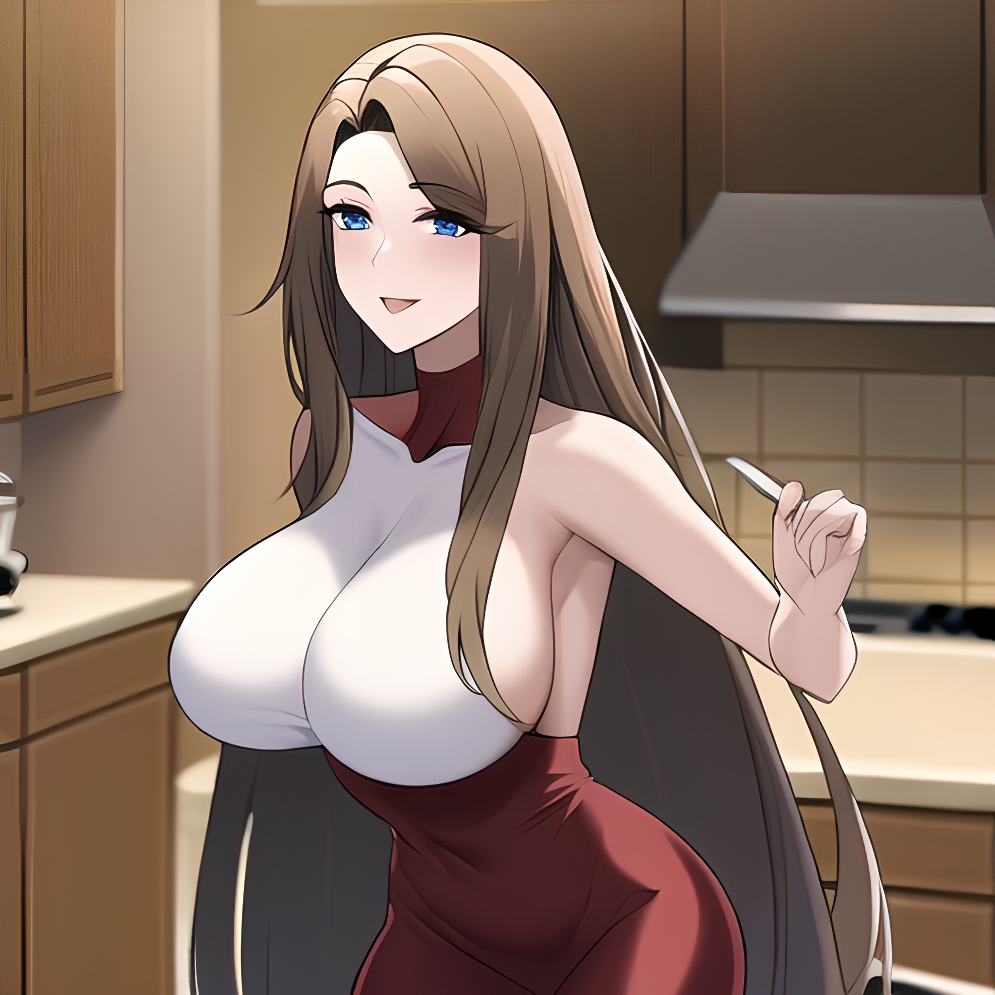 woman front view nude perfect boobs long hair kitchen 