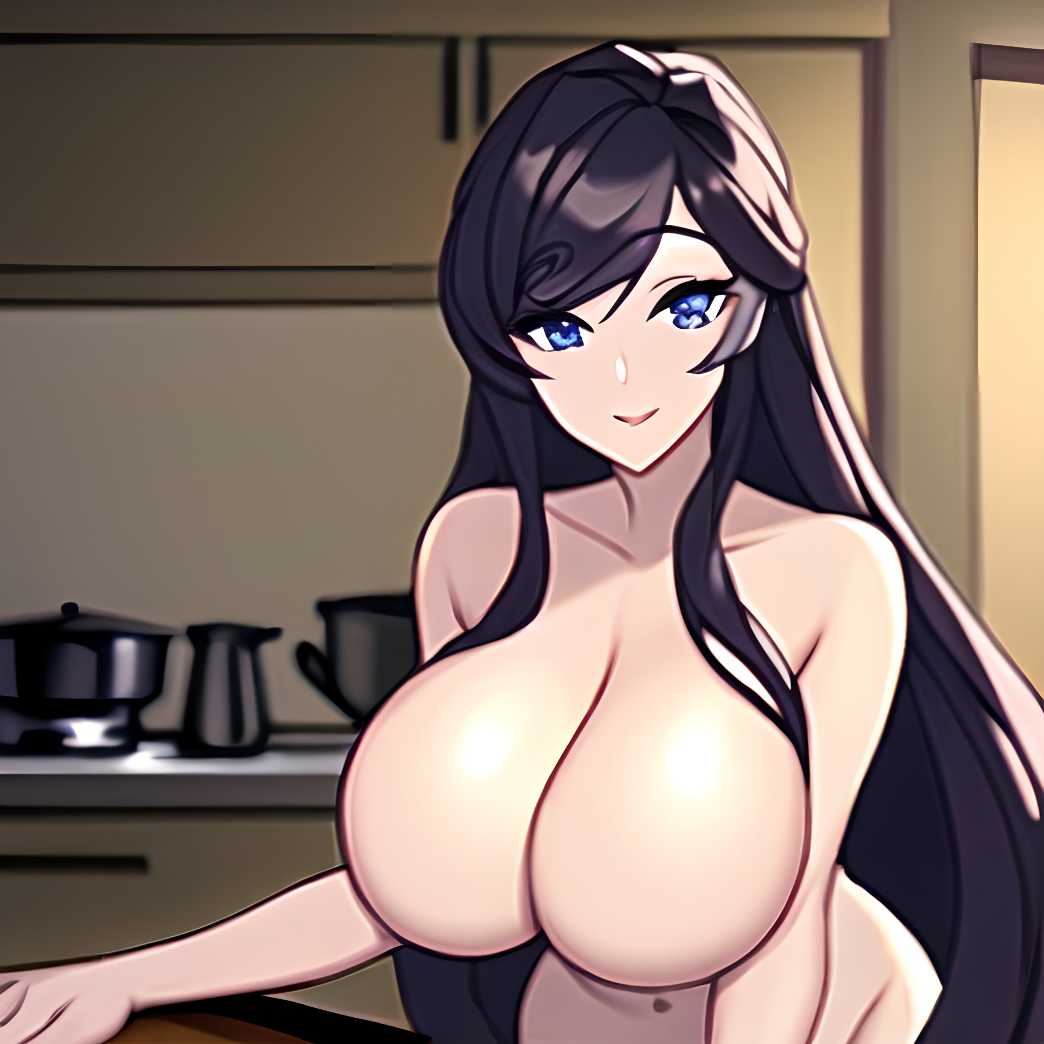 woman front view nude perfect boobs long hair kitchen 