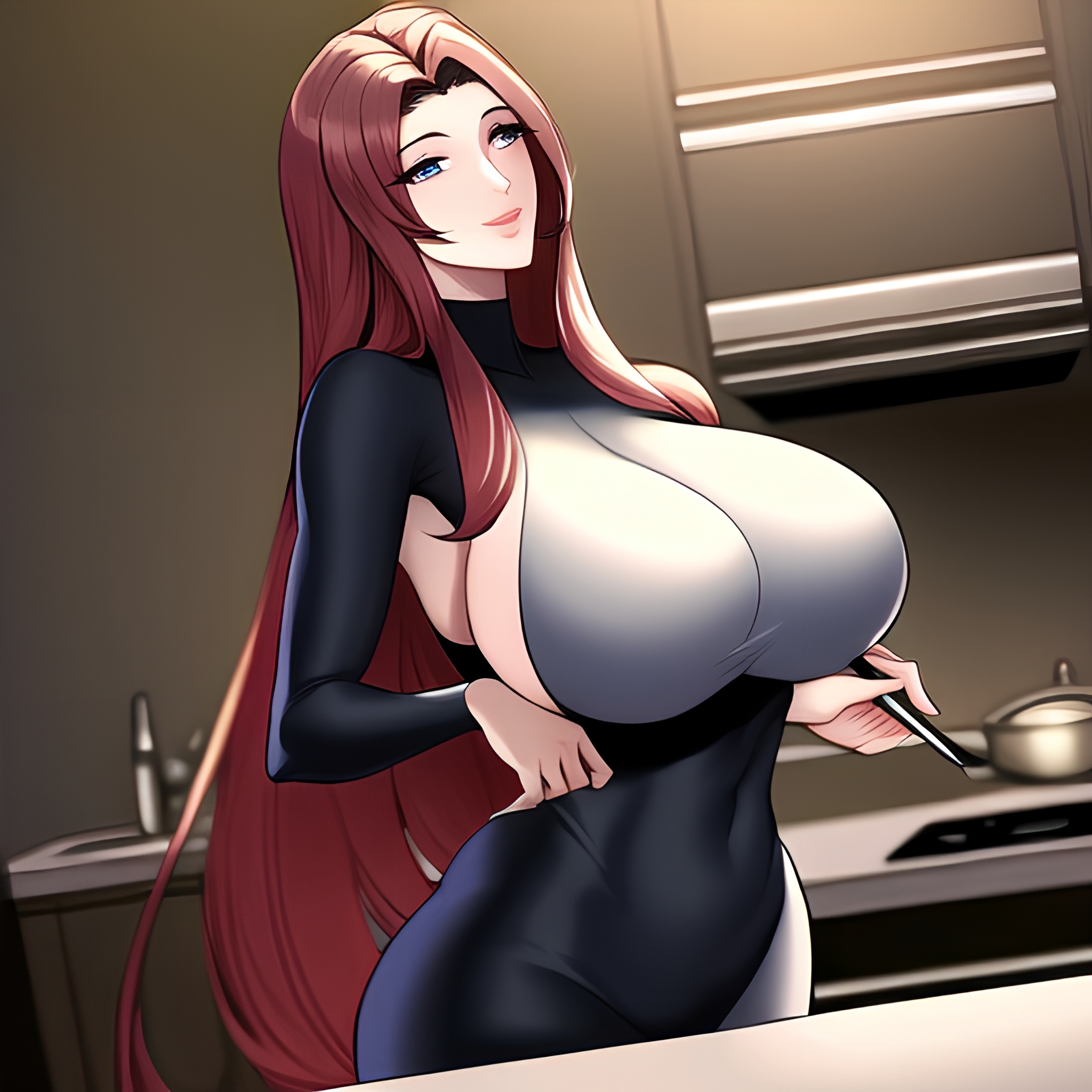 woman front view perfect boobs kitchen nude long hair 