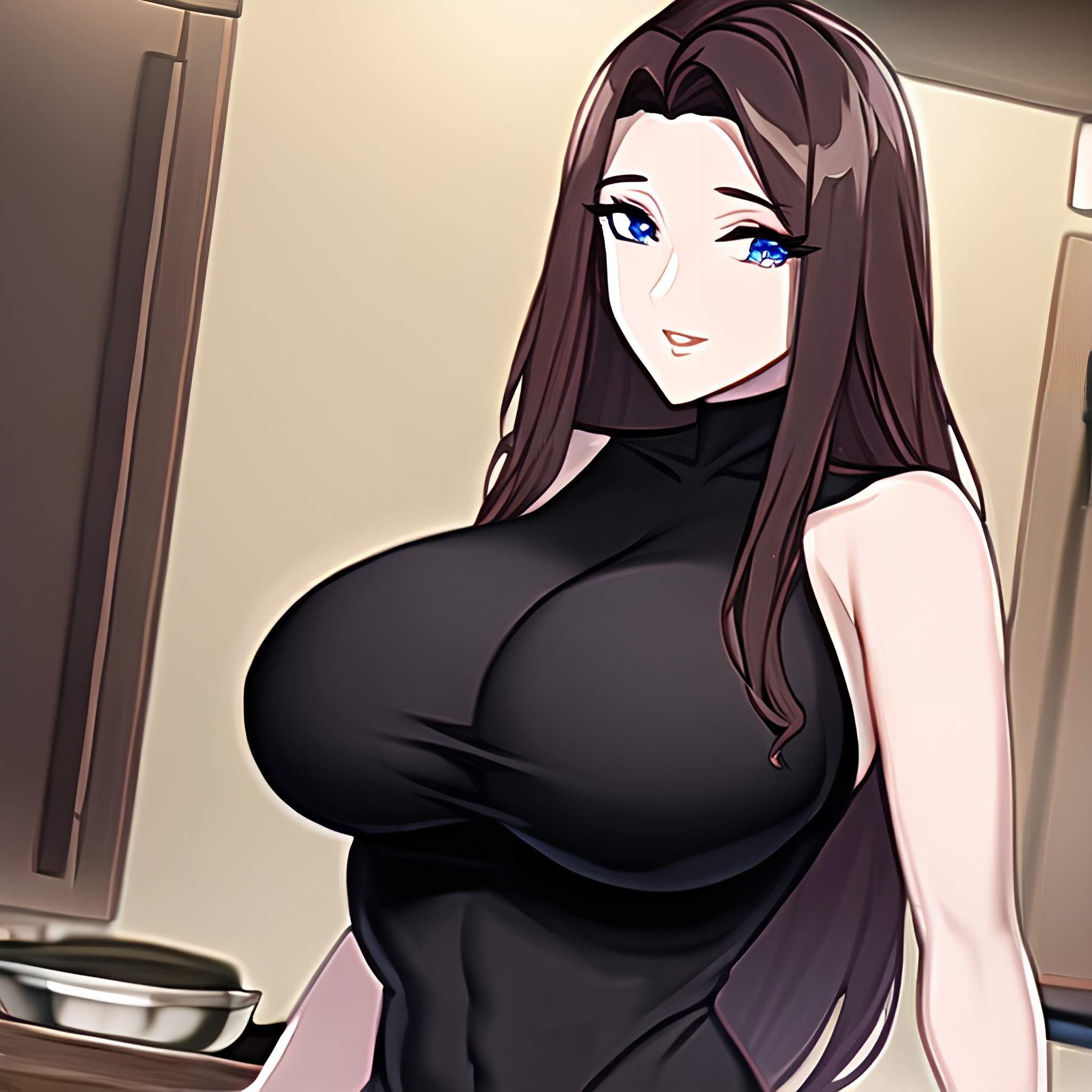 woman kitchen front view nude long hair perfect boobs 