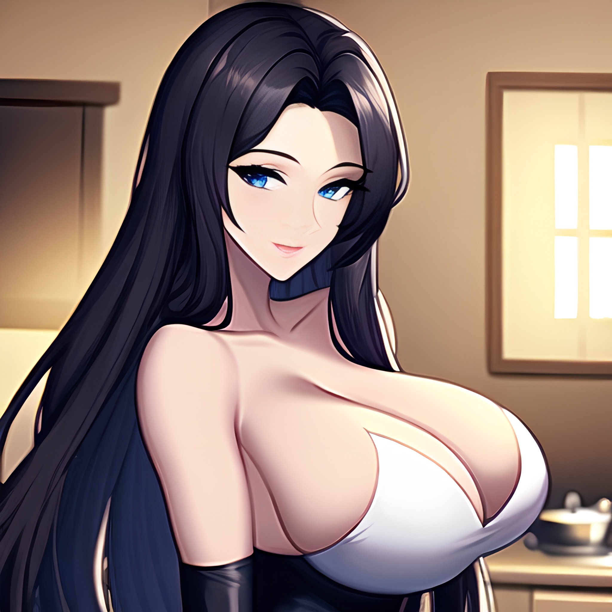 woman kitchen long hair front view nude perfect boobs 