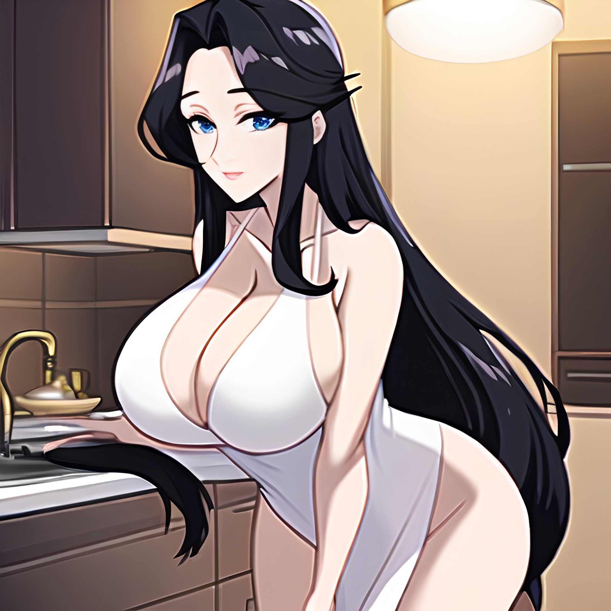 woman kitchen long hair front view nude perfect boobs 