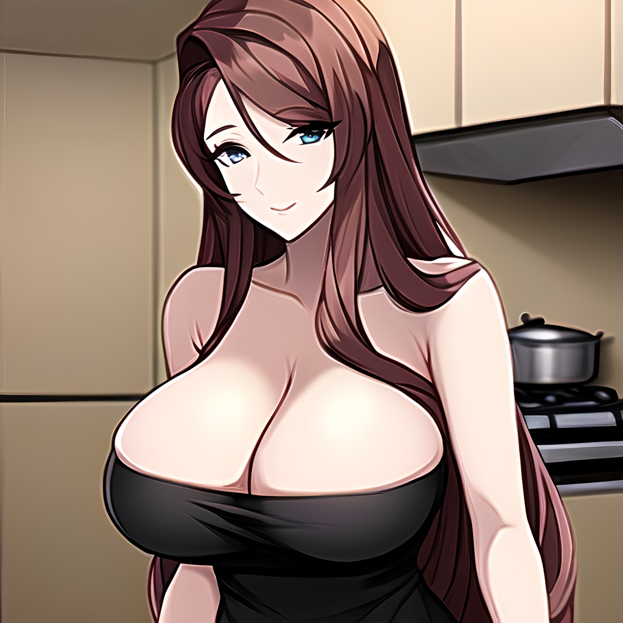 woman kitchen long hair front view perfect boobs nude 