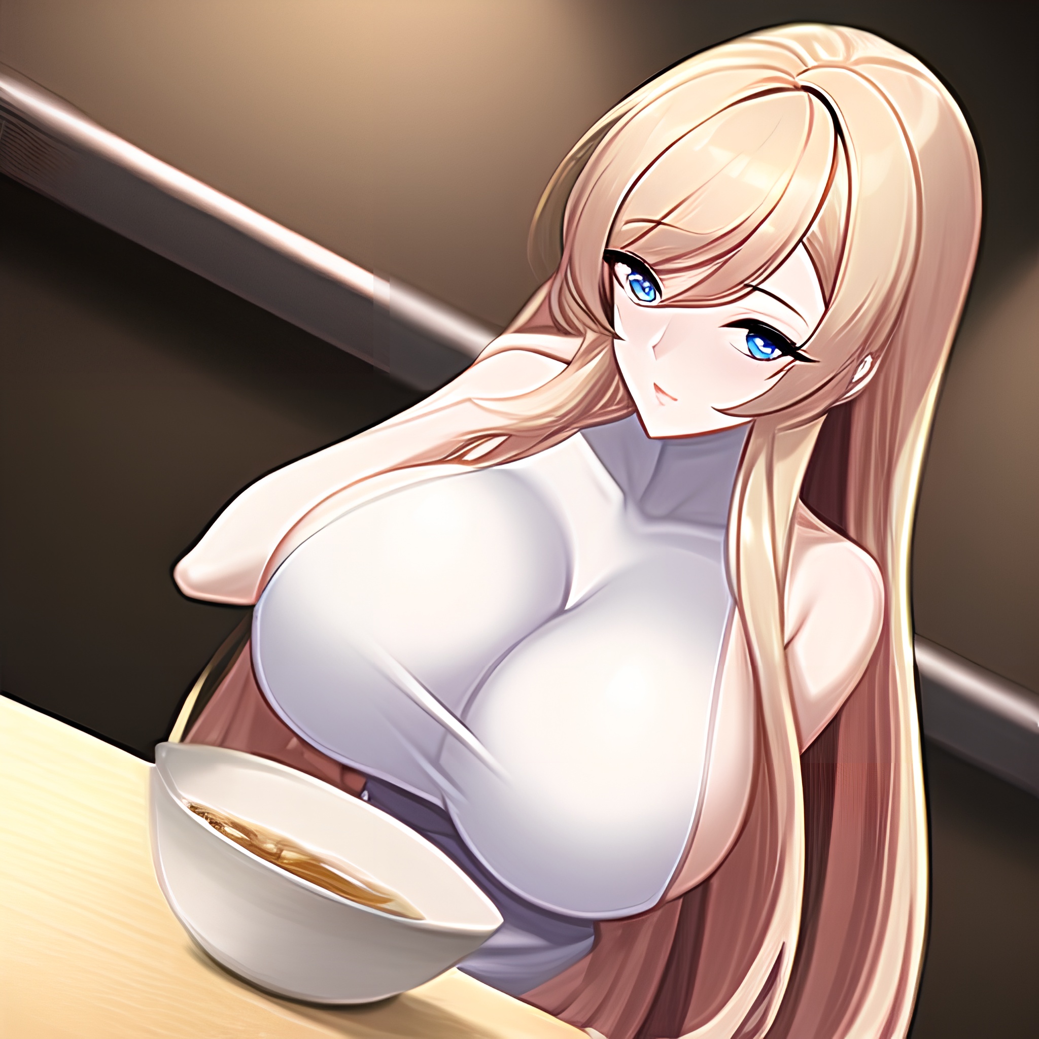 woman kitchen long hair nude front view perfect boobs