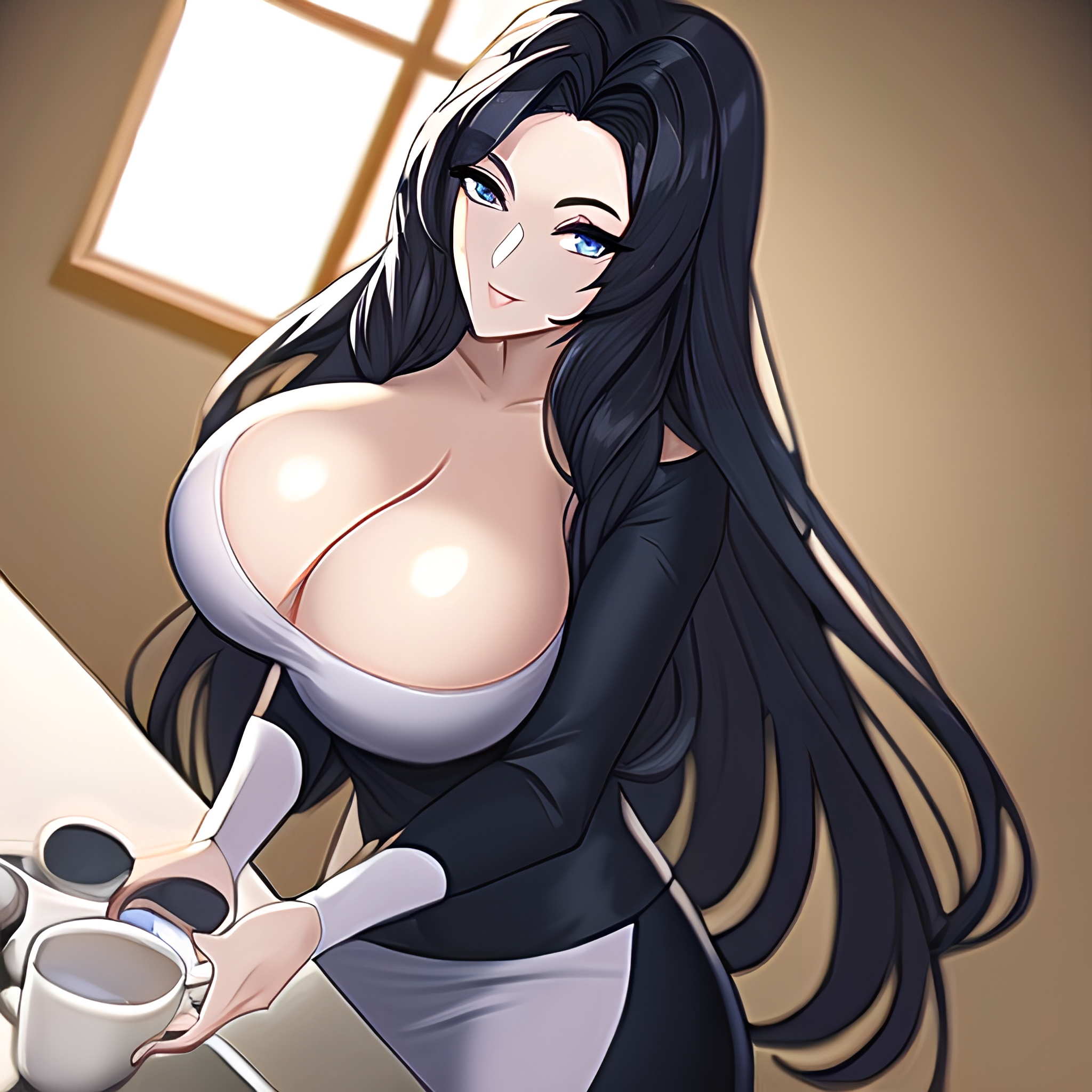 woman kitchen long hair nude perfect boobs front view 