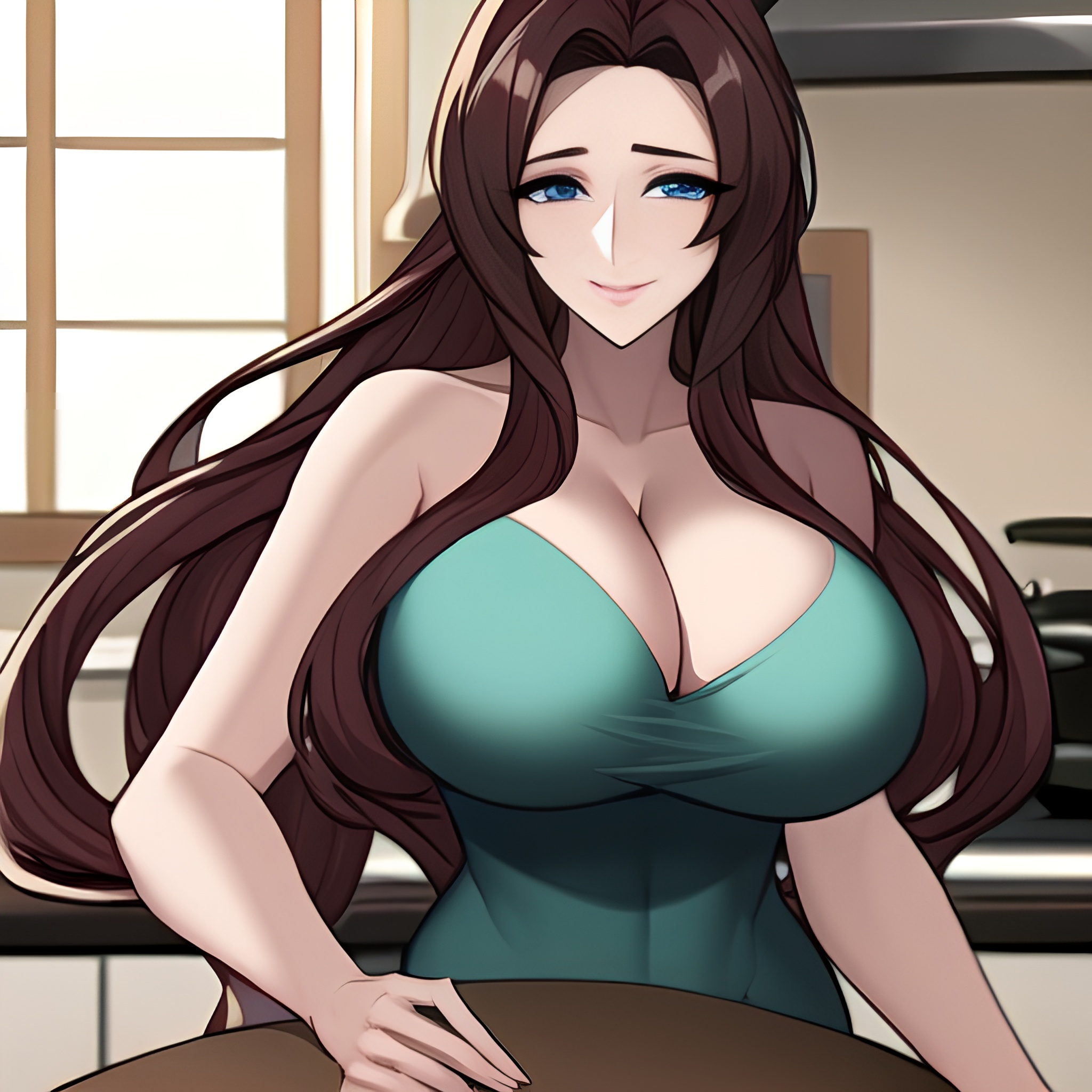 woman kitchen long hair perfect boobs front view nude