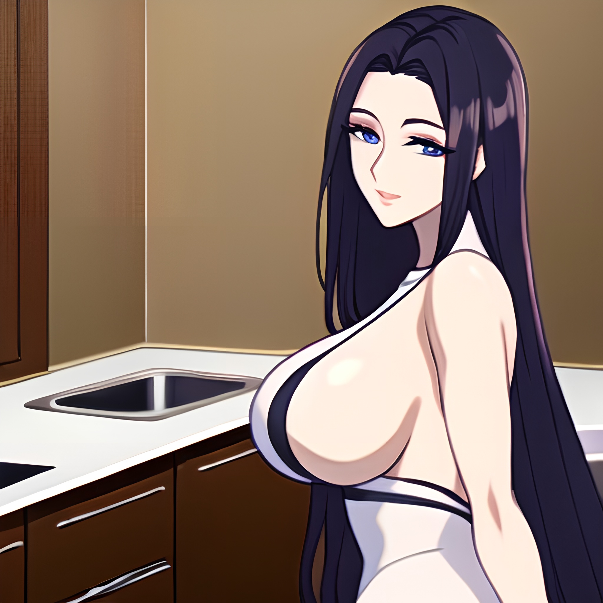 woman kitchen nude front view long hair perfect boobs 