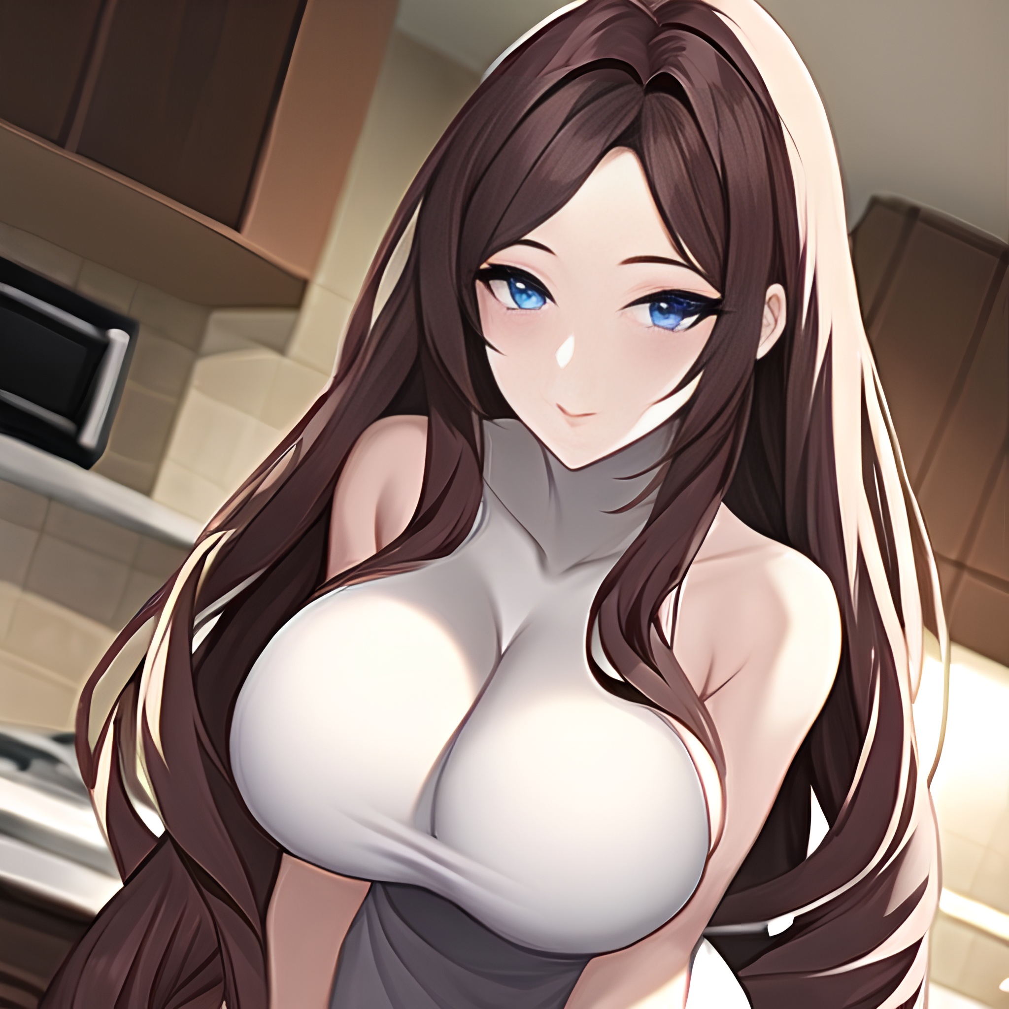 woman kitchen nude front view perfect boobs long hair 