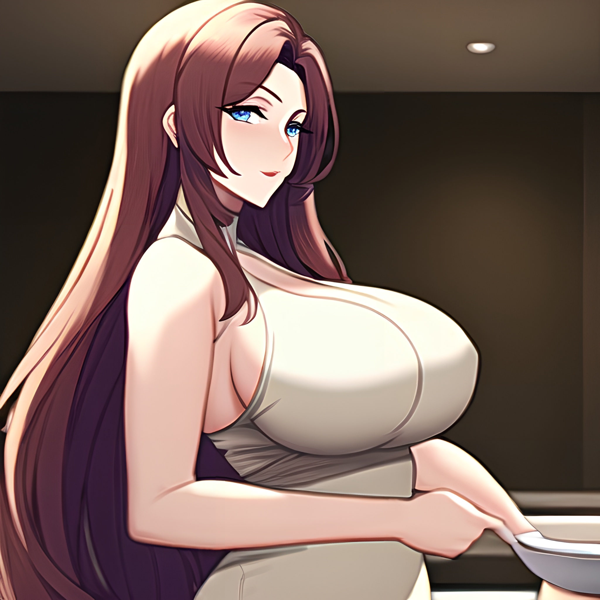 woman kitchen nude perfect boobs front view long hair 